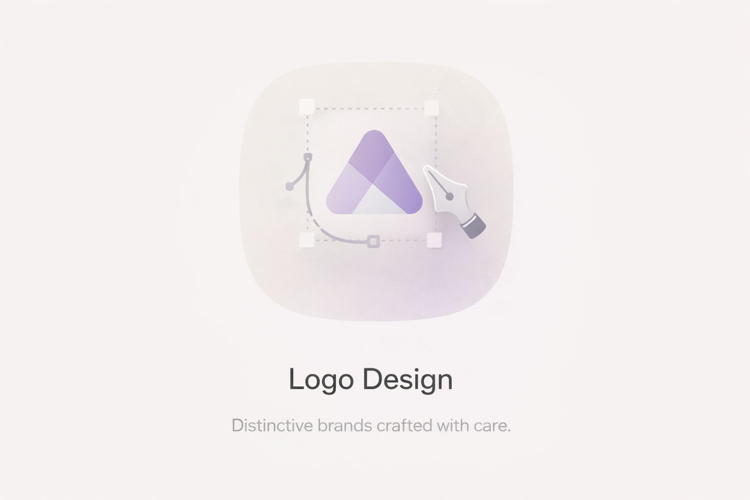 An app icon for logo design featuring a purple logo inside a dashed square with a pen nib tool drawing on it.