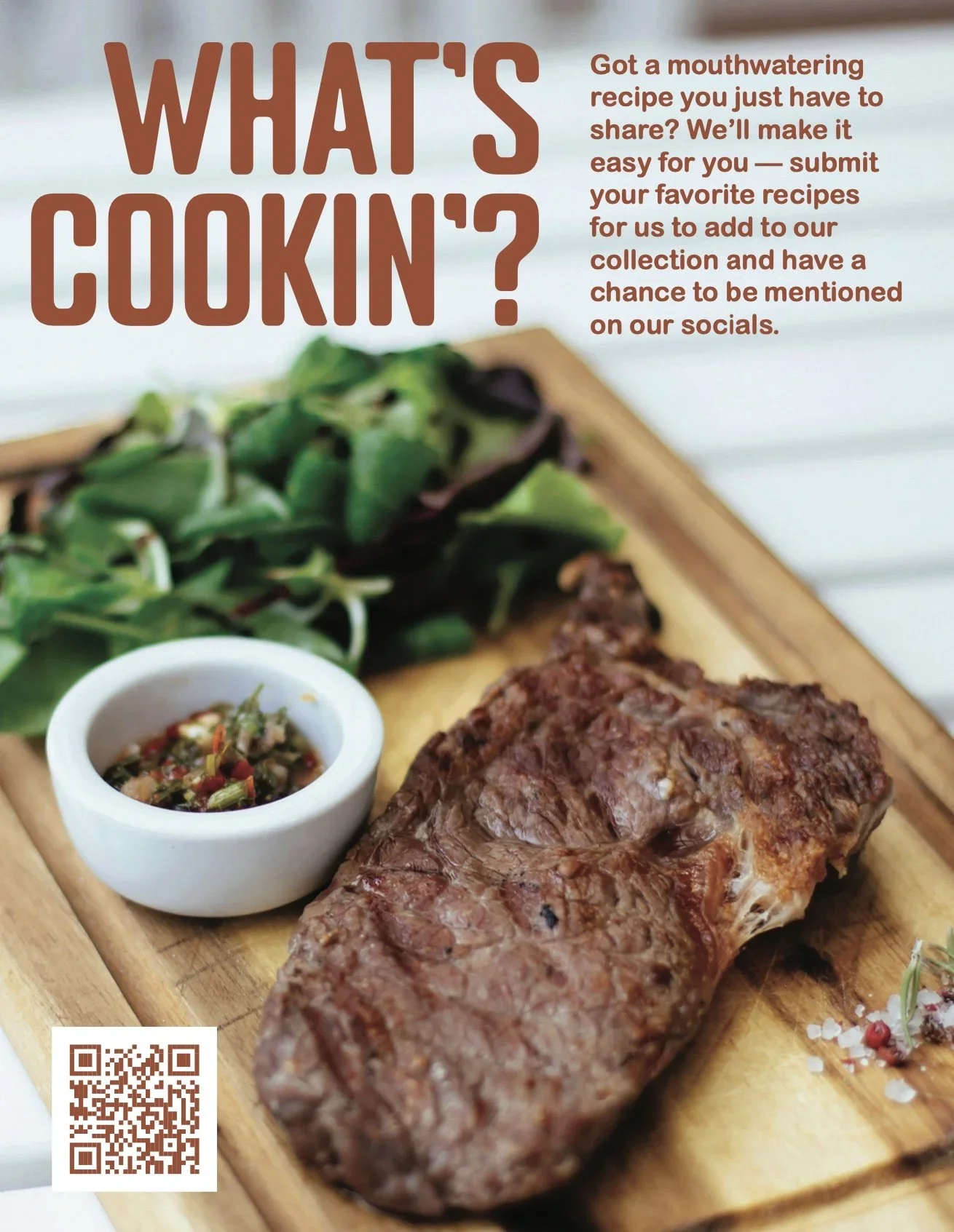 Image of a grilled steak on a wooden serving board, with a small bowl of salsa and a green leafy salad, used for sharing recipes on social media.