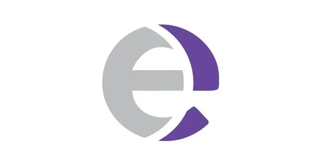 Abstract logo with a gray and purple stylized letter 'E' and circular shapes.