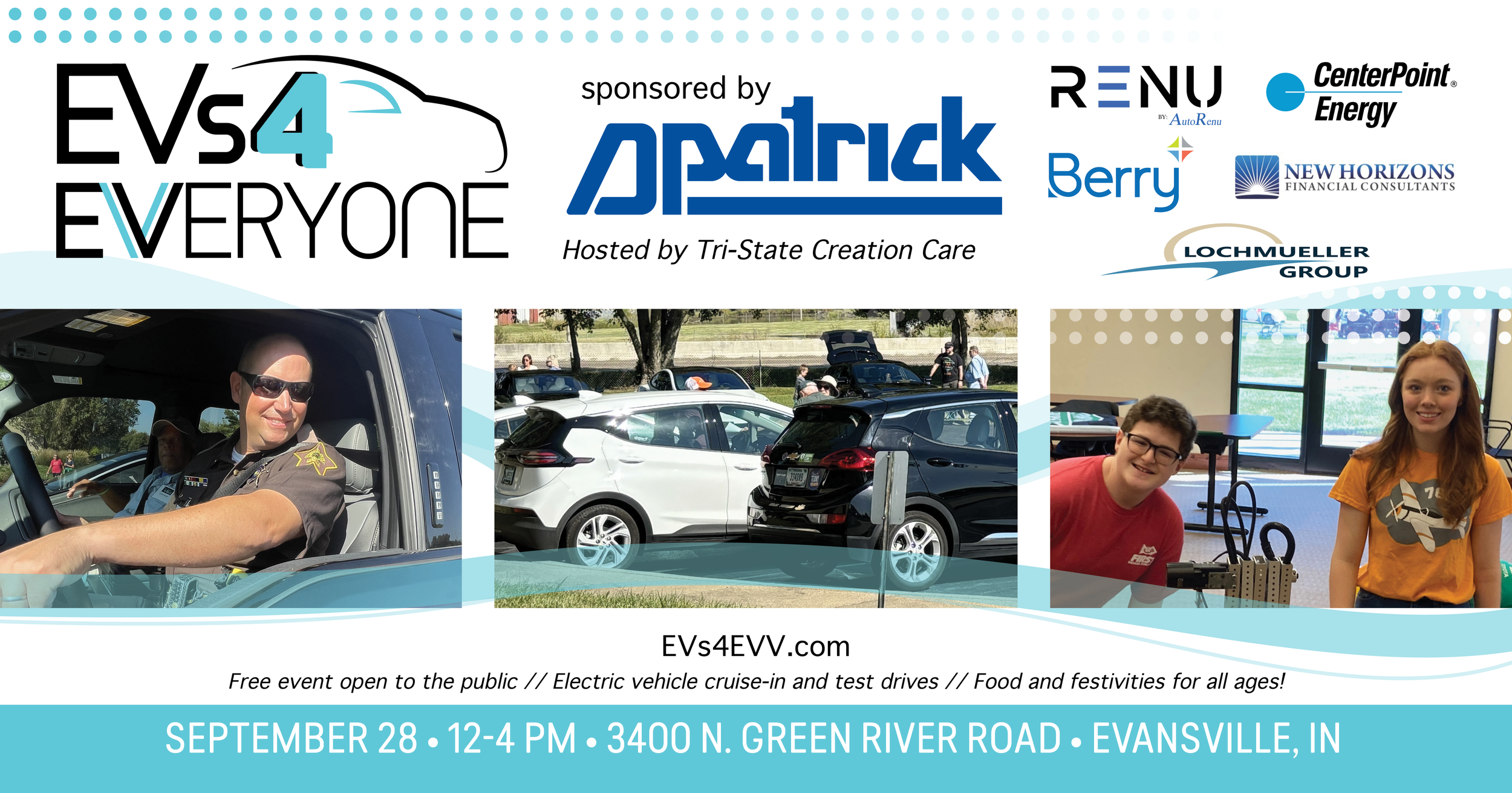 Promotional flyer for EVs4Everyone event, hosted by Tri-State Creation Care, sponsored by Patrick, with sponsors Renu, CenterPoint Energy, Berry, New Horizons Financial Consultants, Lochmueller Group. Event details: September 28, 12-4 PM, 3400 N. Gre