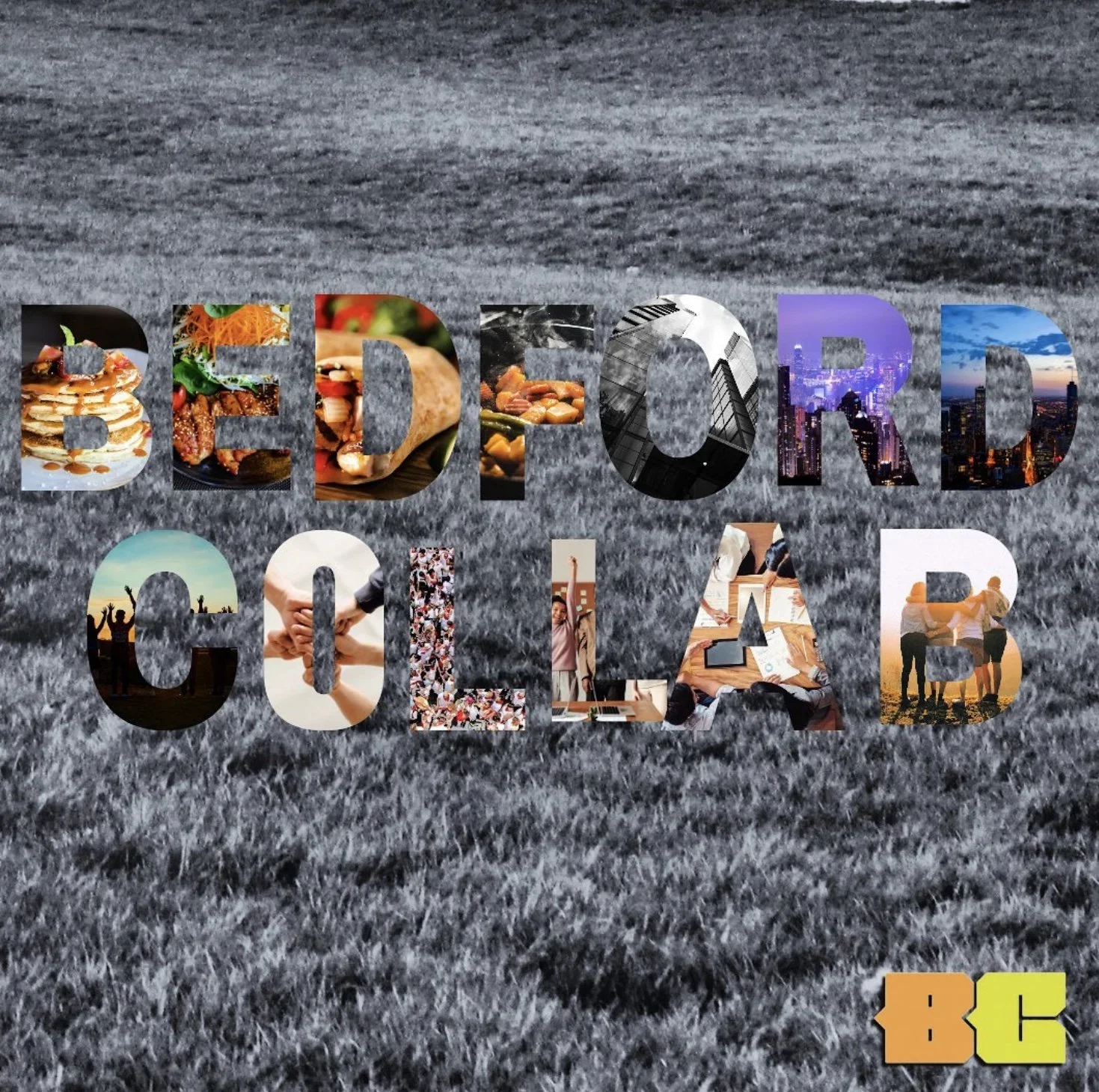 The words 'EDIFORCE' and 'COLLAB' are spelled out with letters filled with images of food, cityscapes, and people. The background is a gray, textured surface, and there is a small yellow and orange 'B' and 'C' in the bottom right corner.
