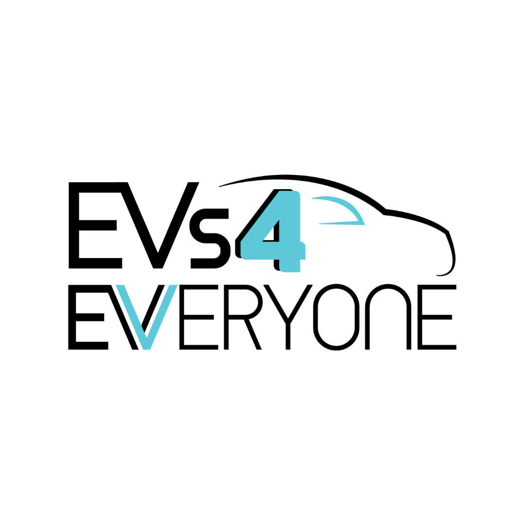 Logo for EVs4Everyone featuring a stylized car outline, the text 'EVs4Everyone' with '4' in blue, and 'V' in blue.