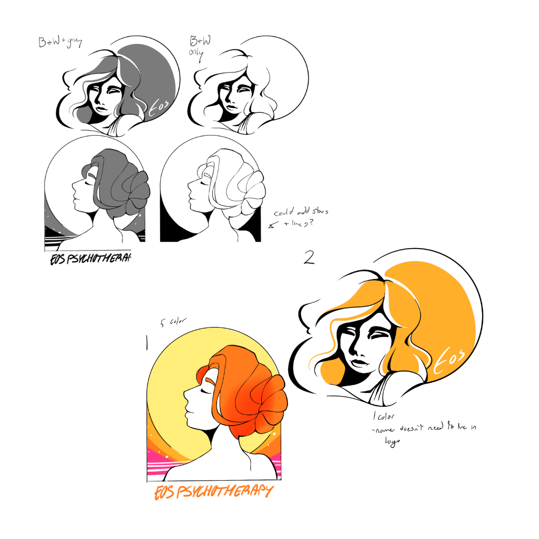Illustration showing different color schemes and styles for a woman's profile logo, labeled 'EOS PSYCHOTHERAPY'. The top row has black and white sketches, the middle has a monochrome and a colored version with a moon background, and the bottom features a vibrant, colorful logo with a sunset background and notes about color choices and logo design ideas.