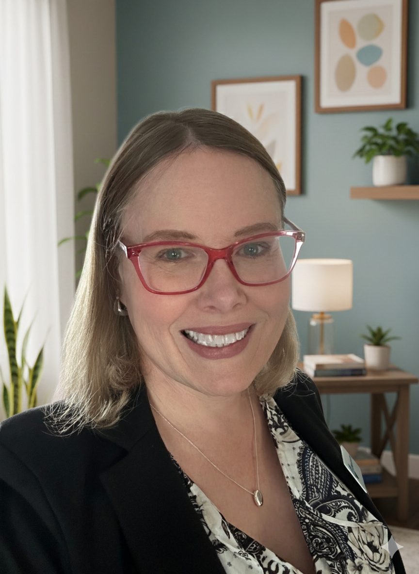 A woman with shoulder-length light brown hair wearing red glasses, black blazer, and patterned blouse smiling in a cozy, well-decorated room with plants, framed artwork, and a small table with books and a lamp.