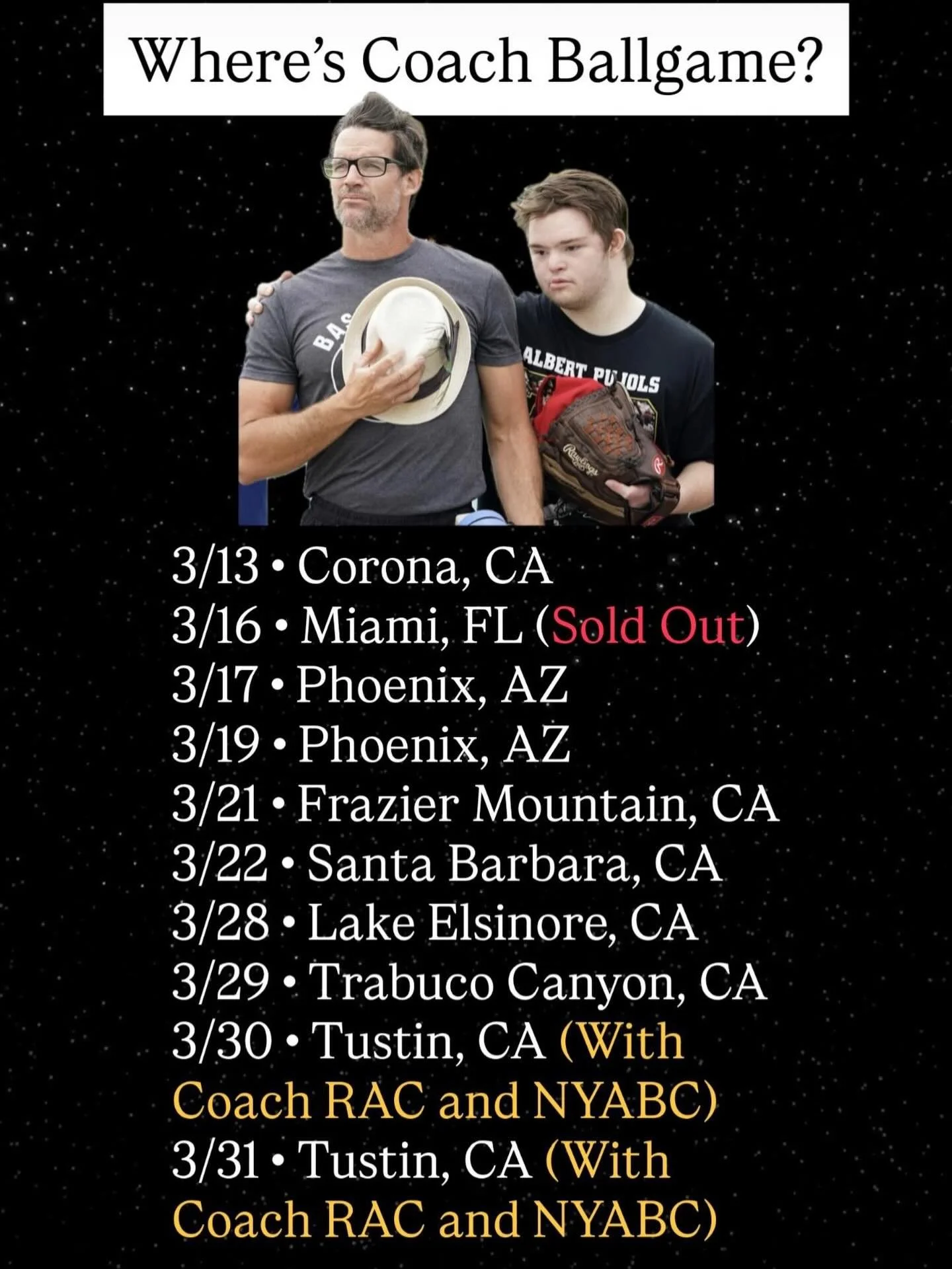 How can you sign up for these? 

My website has all the details. 

Miami is a Sold Out MLB event, but come see me at Sunday Night&rsquo;s WBC game!

Trabuco Canyon is a private event with just the @trabucocanyonll 

Details for the @notyouraveragebas