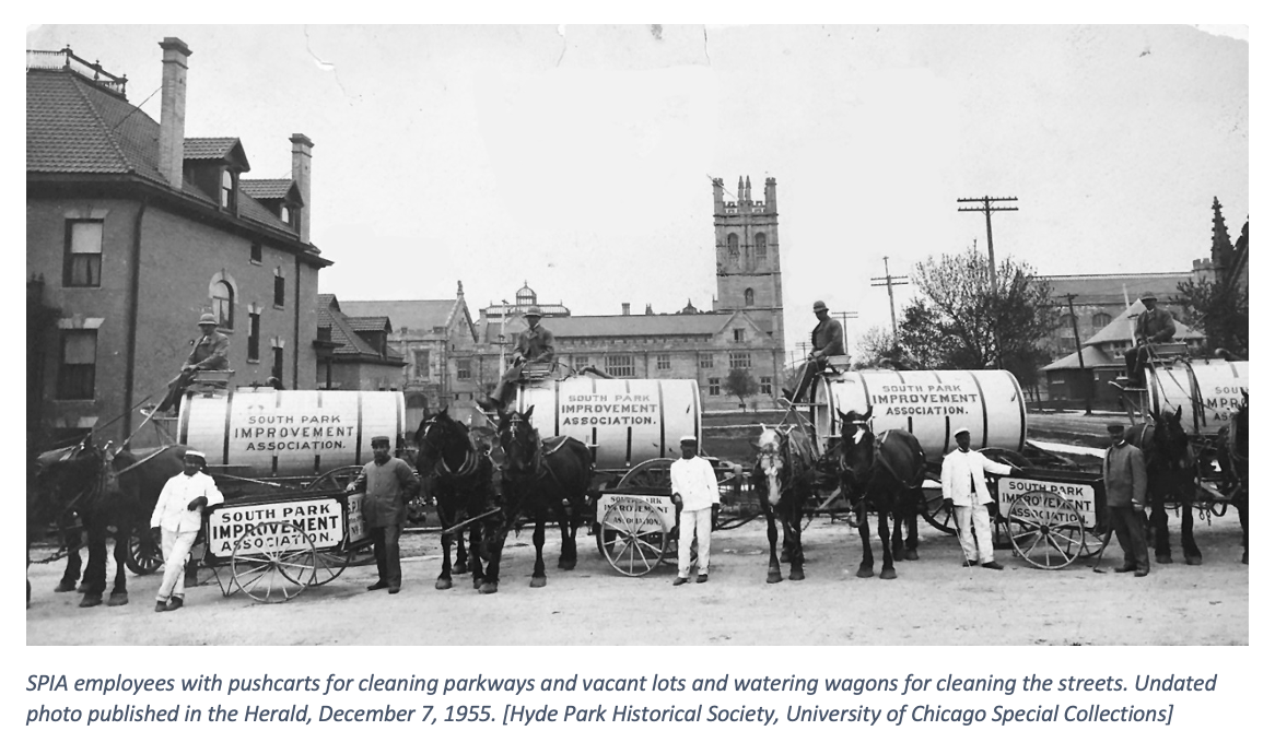 SPIA employees with pushcarts for cleaning parkways and vacant lots and watering wagons for cleaning the streets. Undated photo published in the Herald, December 7, 1955.png