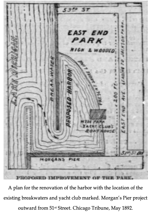 Plan for the renovation of the harbor Morgans Pier project outward from 51st Street Chicago Tribune May 1892.png