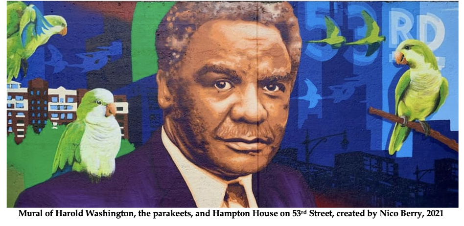 Mural of Harold Washington, the parakeets, and Hampton House on 53rd Street created by Nico Berry.png