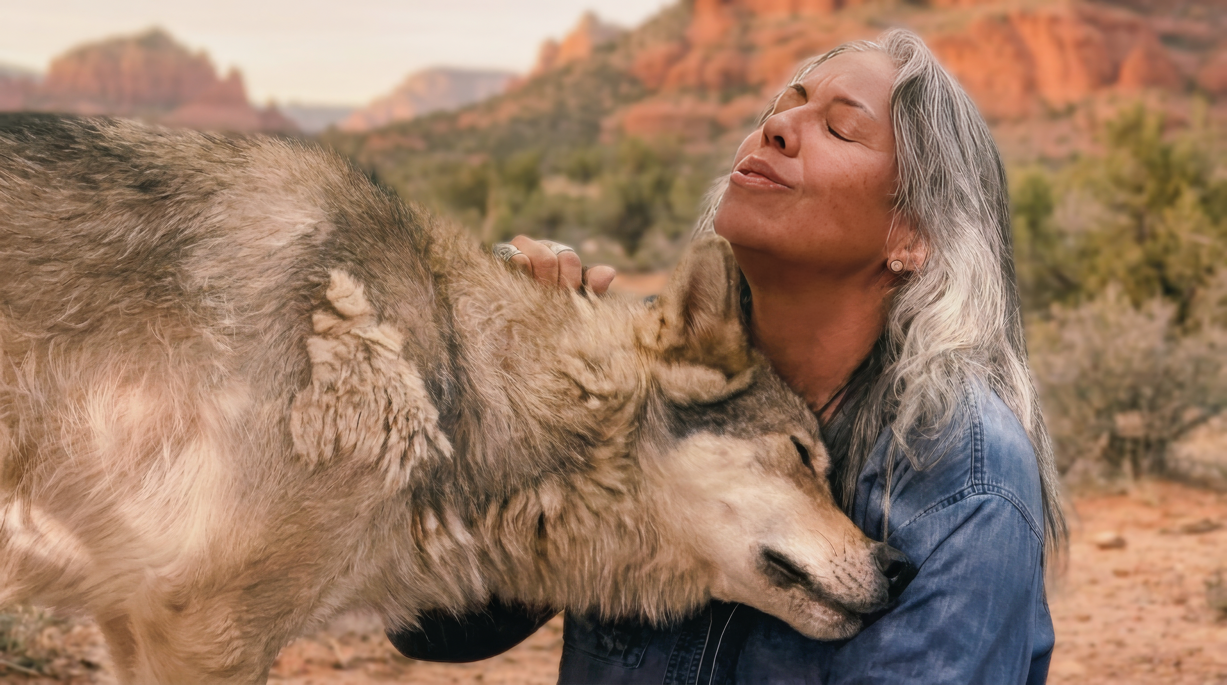 Real moment with a wolf from Sedona Wolf Sanctuary- AI assistance with background