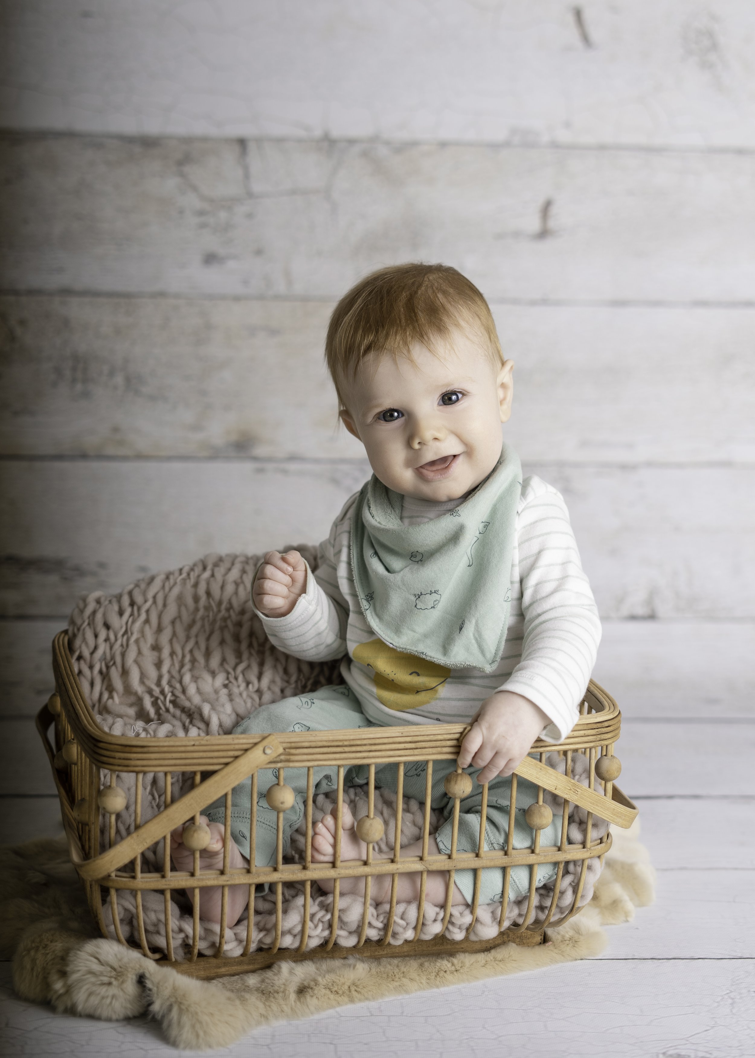Sweet baby boy sitter session in a basket, Merrill WI Photographer, Wausau WI Photographer