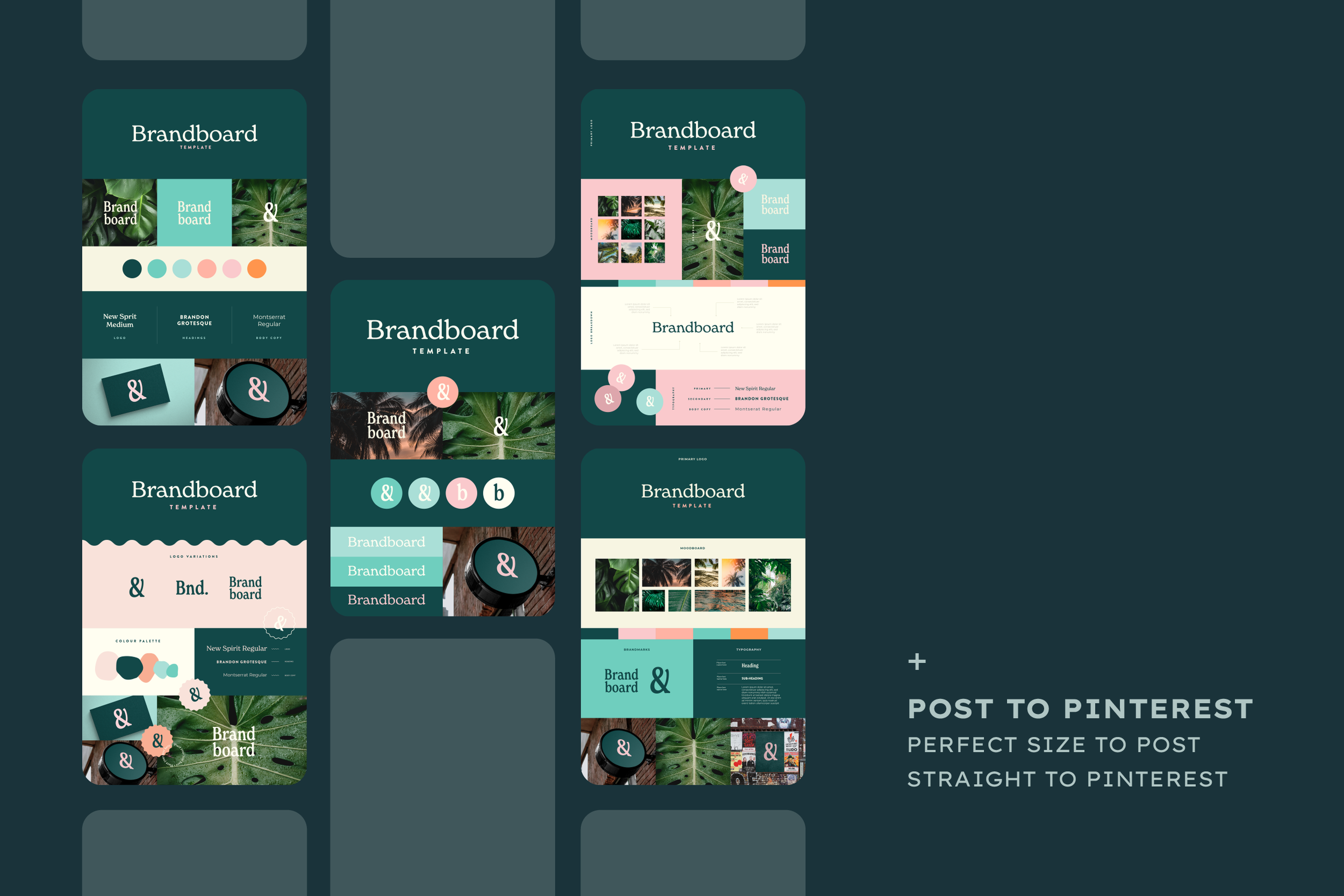 Collection of Pinterest post templates featuring brand board designs with leaf and nature imagery, pastel color schemes, and typography in various layouts, with text indicating goal to create perfect-sized posts for Pinterest.