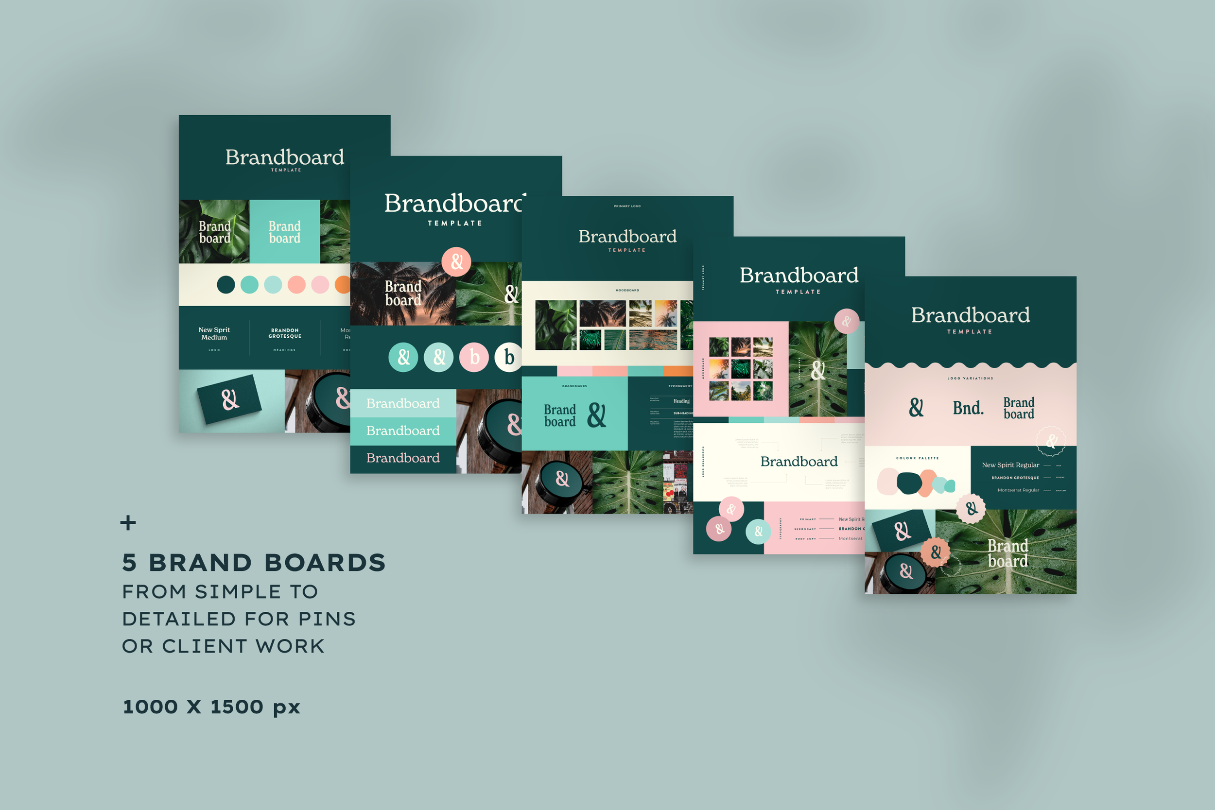 Five different brand board templates arranged in a row, showcasing various designs from simple to detailed for pins or client work, with text describing them and their dimensions (1000 x 1500 px).