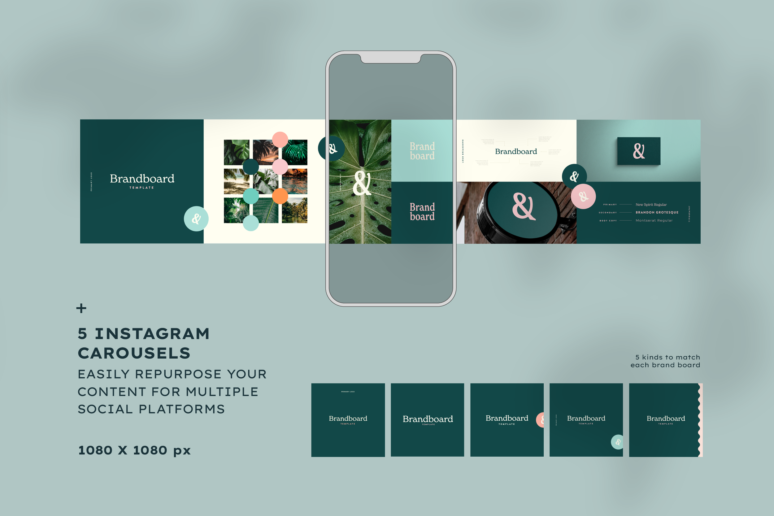 An infographic showcasing five Instagram carousel templates for social media marketing, featuring a modern, nature-inspired design with a teal and pink color scheme, including sample slides, images of brands, and sample text for branding purposes.
