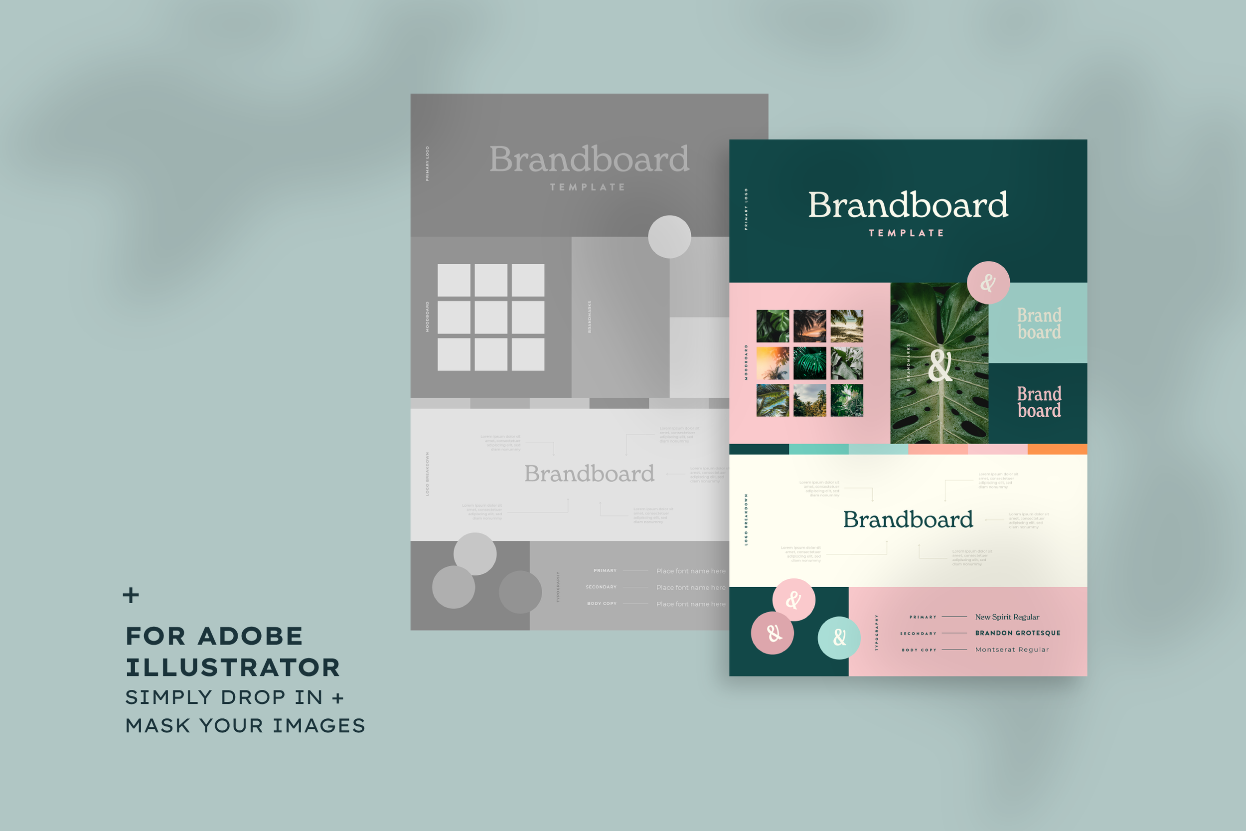 Colorful brandboard template with photographs of tropical leaves and sunset scenes, featuring sections for logos, brand names, and font information, set against a pastel green background.
