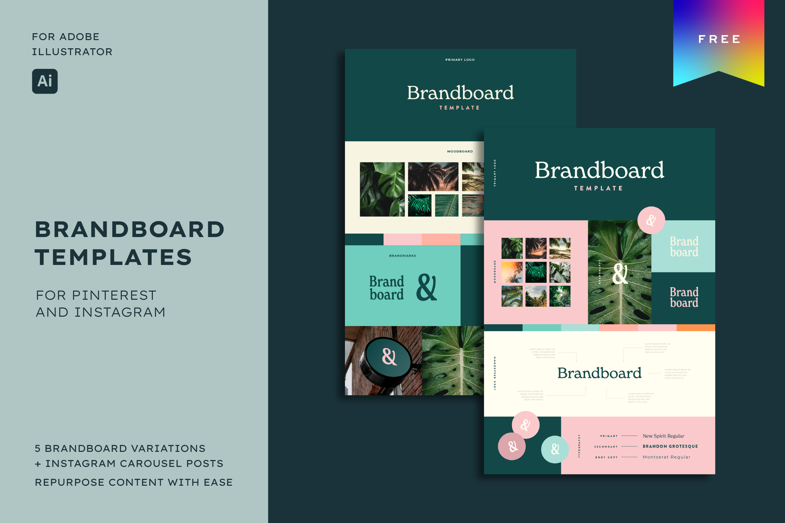 Collection of five brandboard templates featuring greenery, tropical themes, and minimalistic design for social media and Pinterest, labeled as free resources.