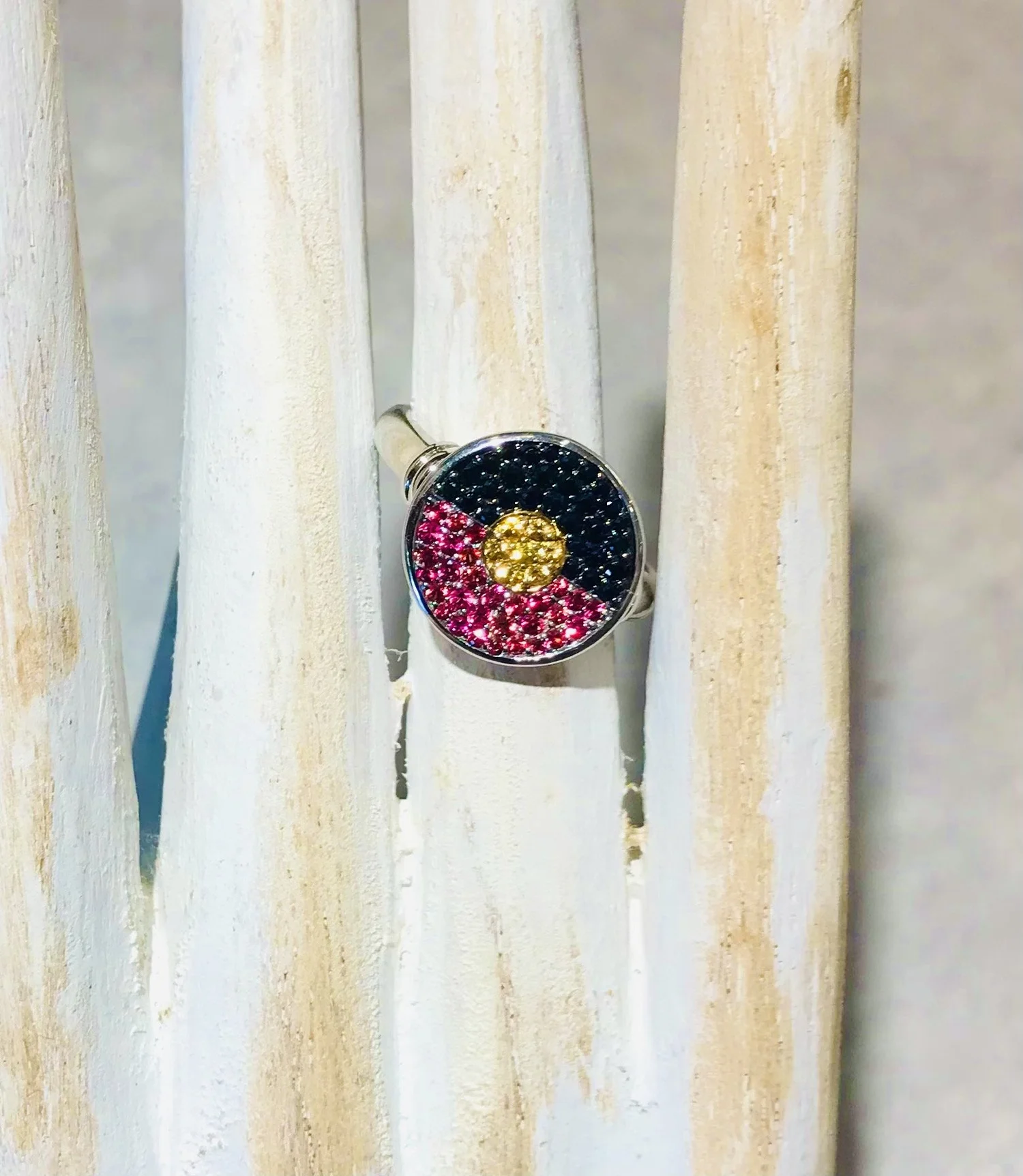 Aboriginal Flag Ring Round Unisex Tri Sapphire —