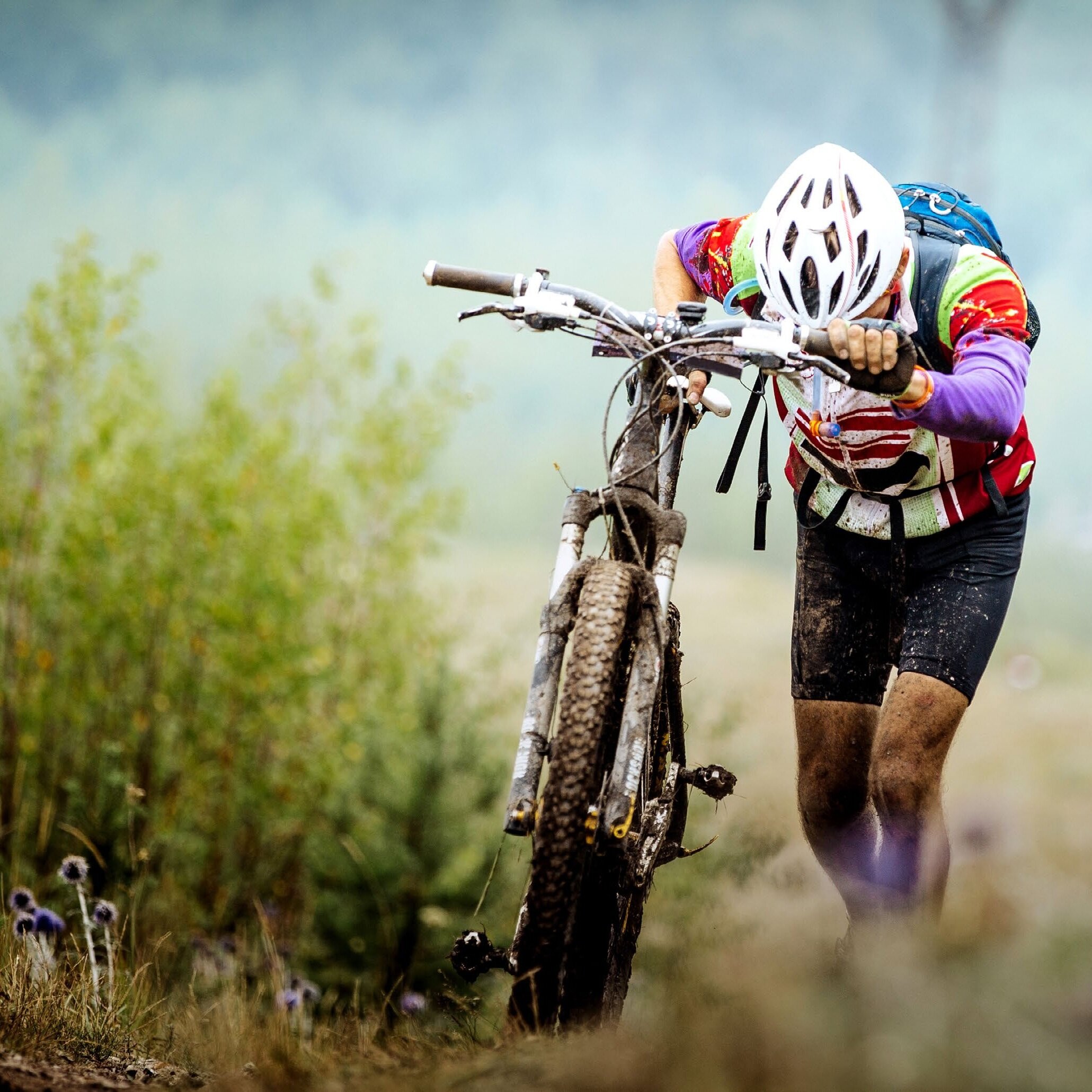Rider walking a mountain bike up a hil