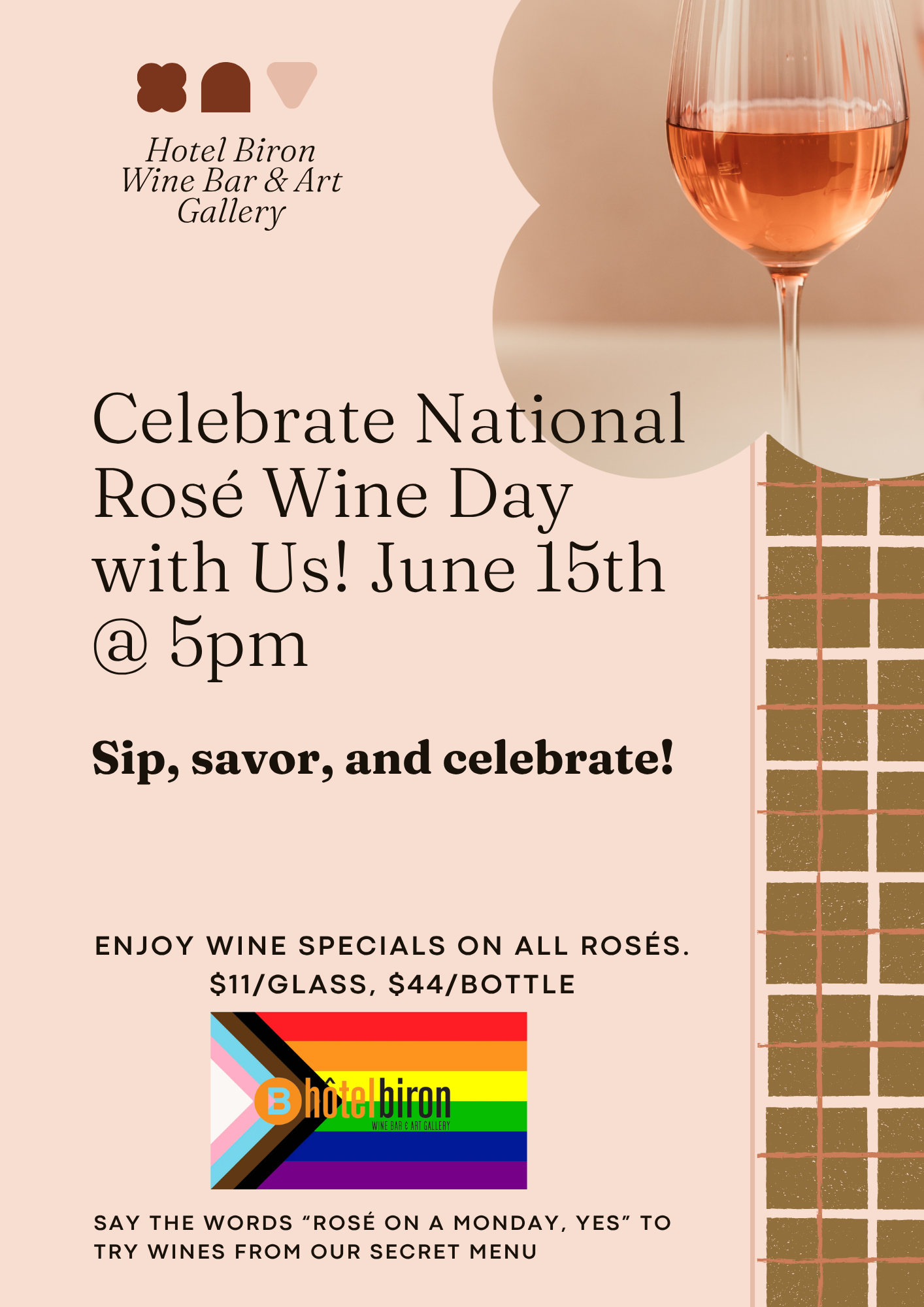 Enjoy special discounts on rosé wines. $10glass, $40bottle (2).png