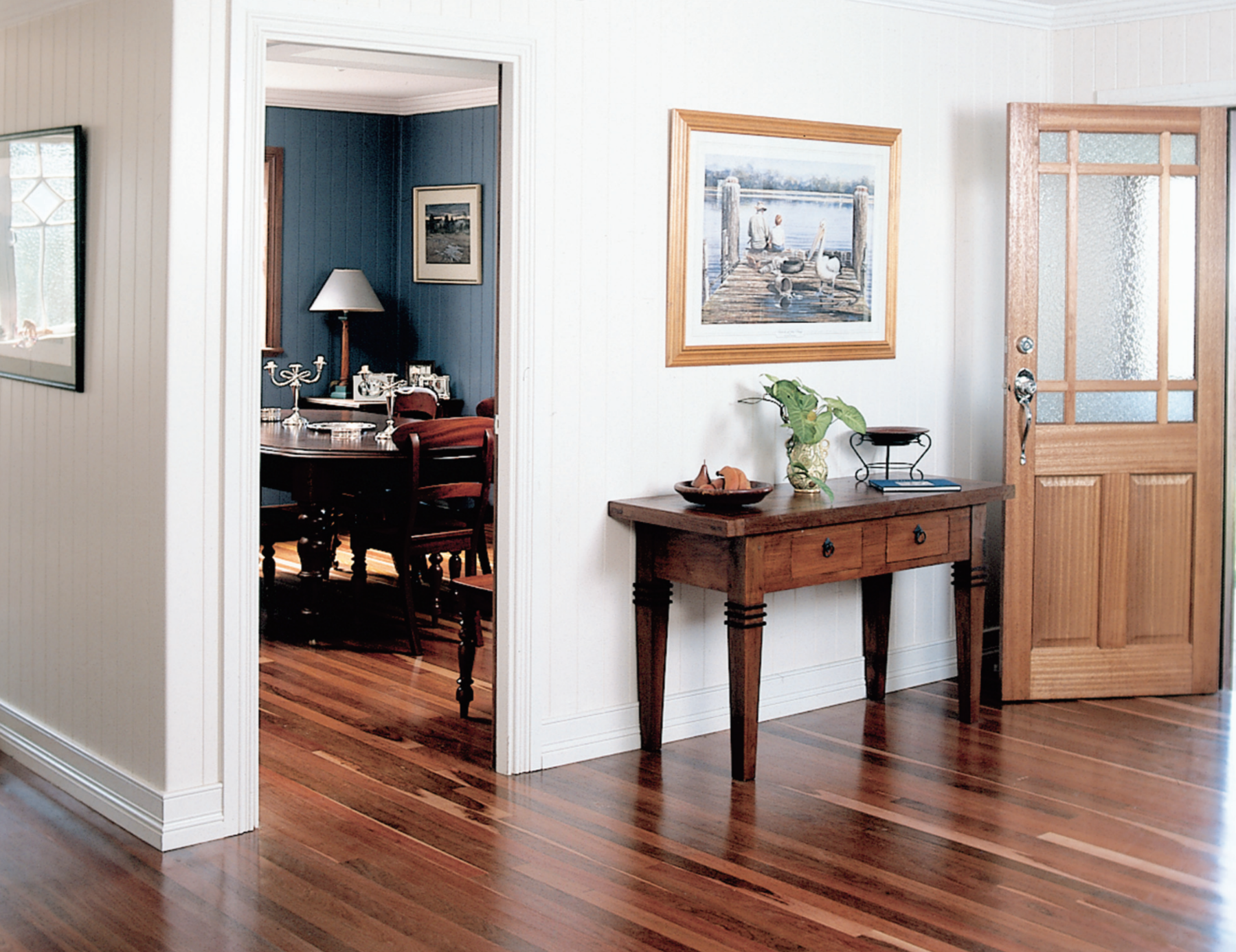 A house entryway leading to an office, Ironbark flooring