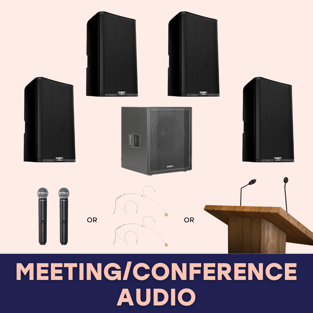 (2) Wireless Microphones (Handheld / Headset / Countryman), Podium & Lectern Mic, 4 QSC Speakers and 1 Subwoofer