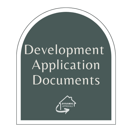 Sign that reads 'Development Application Documents' with a logo for 'Dynamic Approvals' at the bottom.