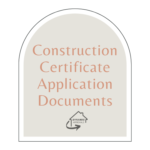 A sign or document cover with the text "Construction Certificate Application Documents" and a logo that reads "Dynamic Approvals" featuring a house outline and an arrow.