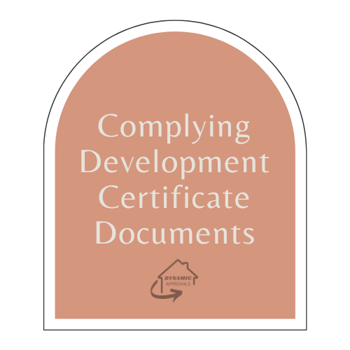 A certificate of compliance, development, and documents with a logo reading 'Dynamic Approvals' at the bottom, in an arched design with a peach background and white text.