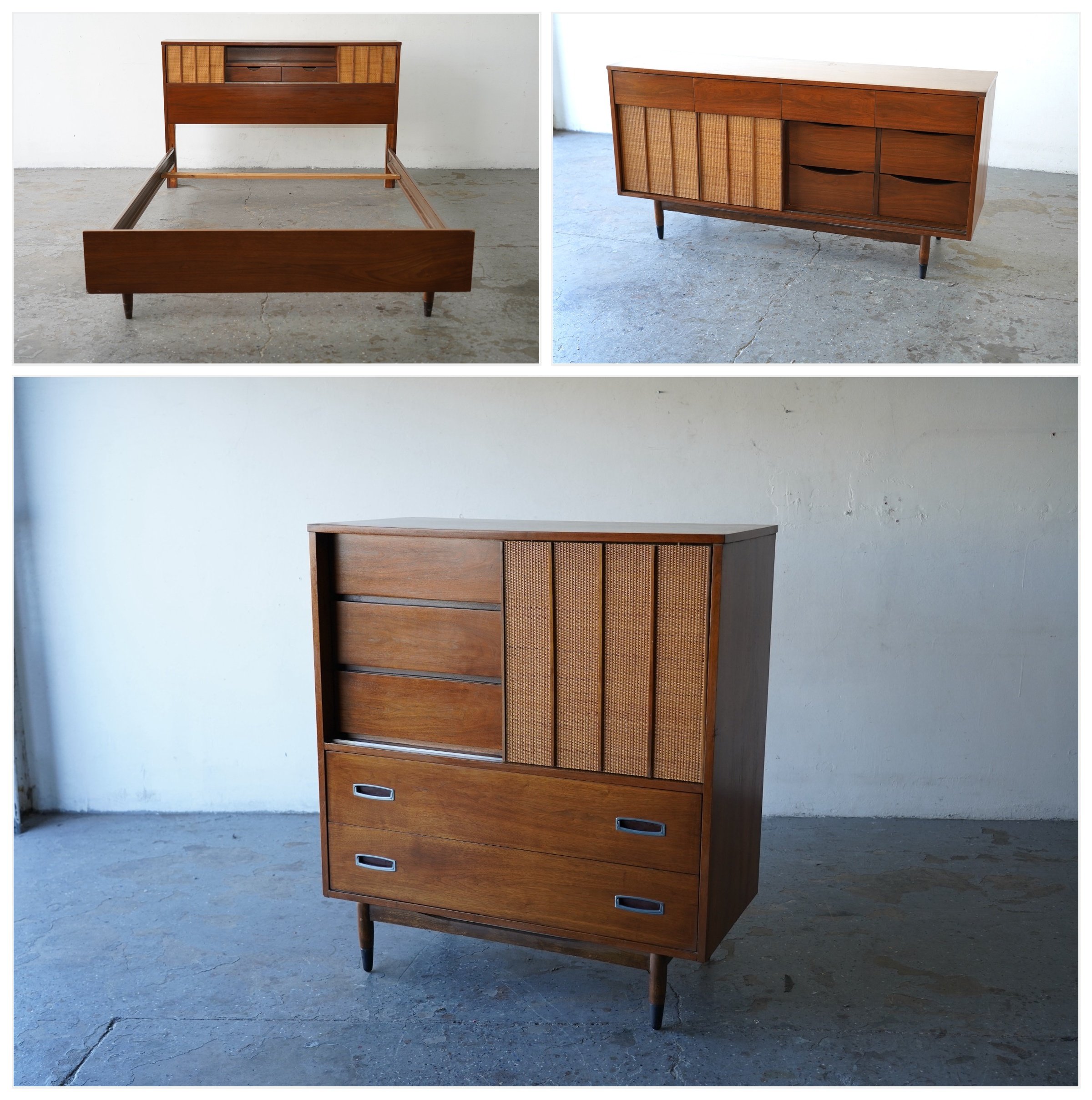 Mid-Century Modern Hooker Walnut & Cane Lowboy Dresser Credenza  64”