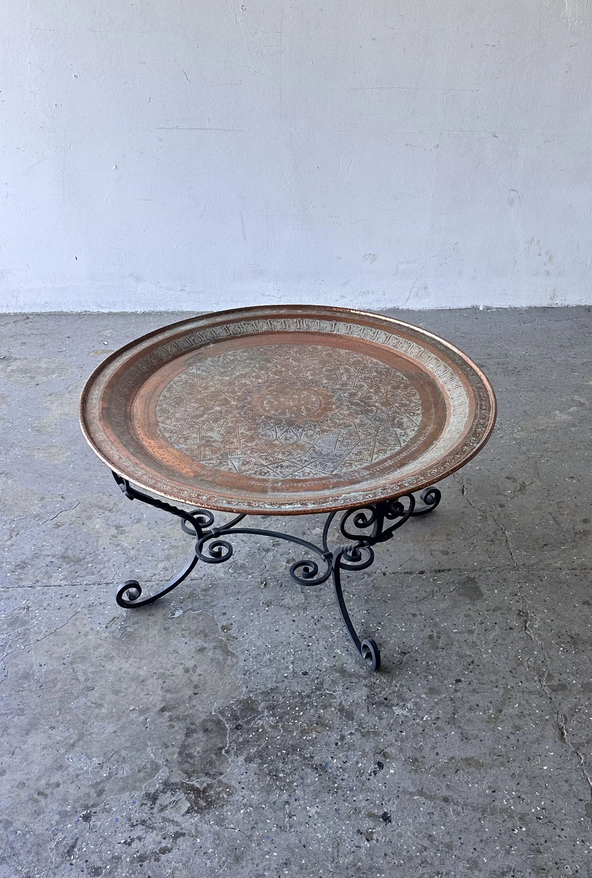 Hollywood regency Moroccan Hand-Hammered Copper Tray Wrought Iron Coffee Table