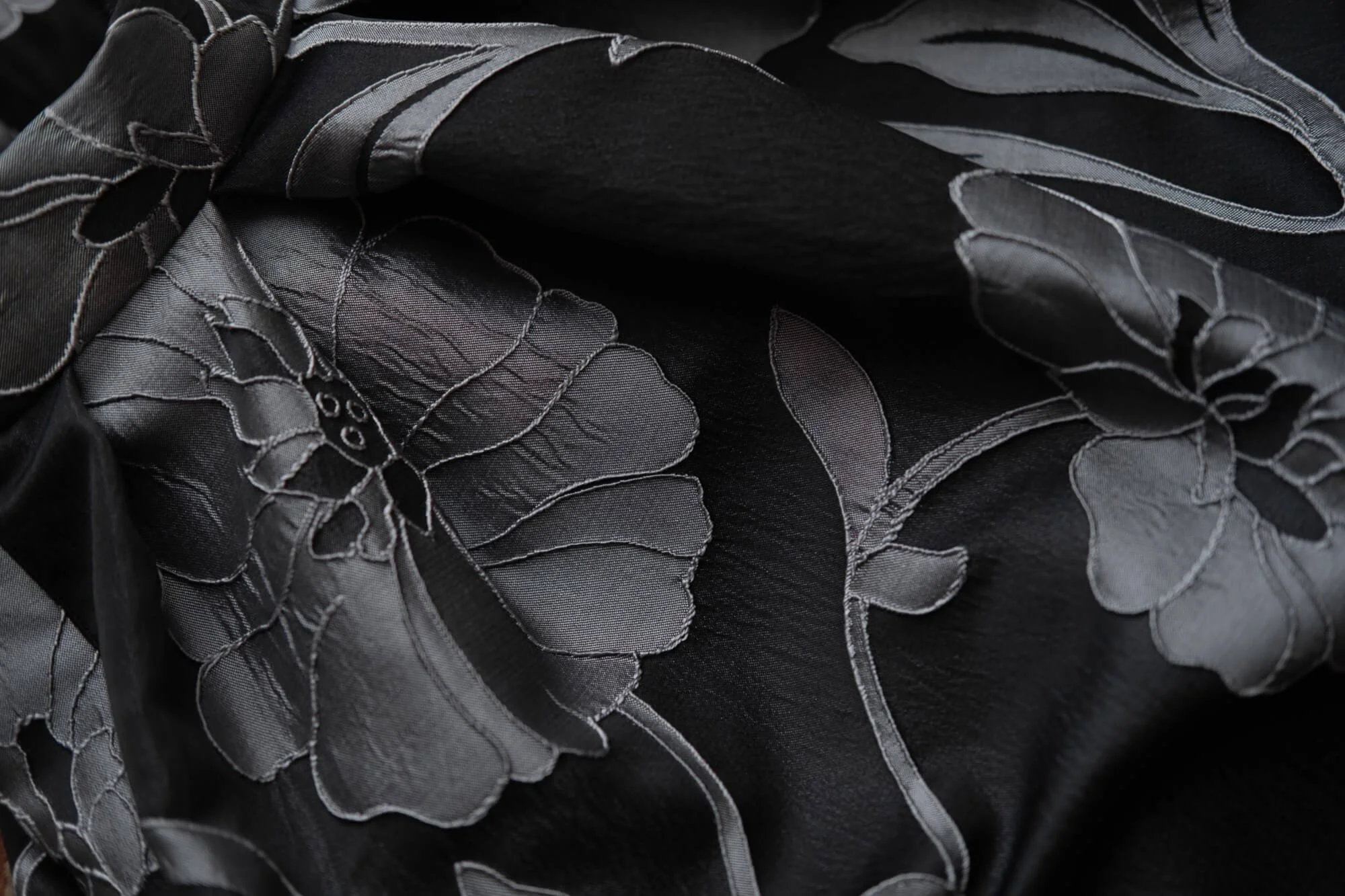 Women’s Very Black & Pewter Grey with Sheen Embroidered Floral Pattern Box Pleat Skirt.