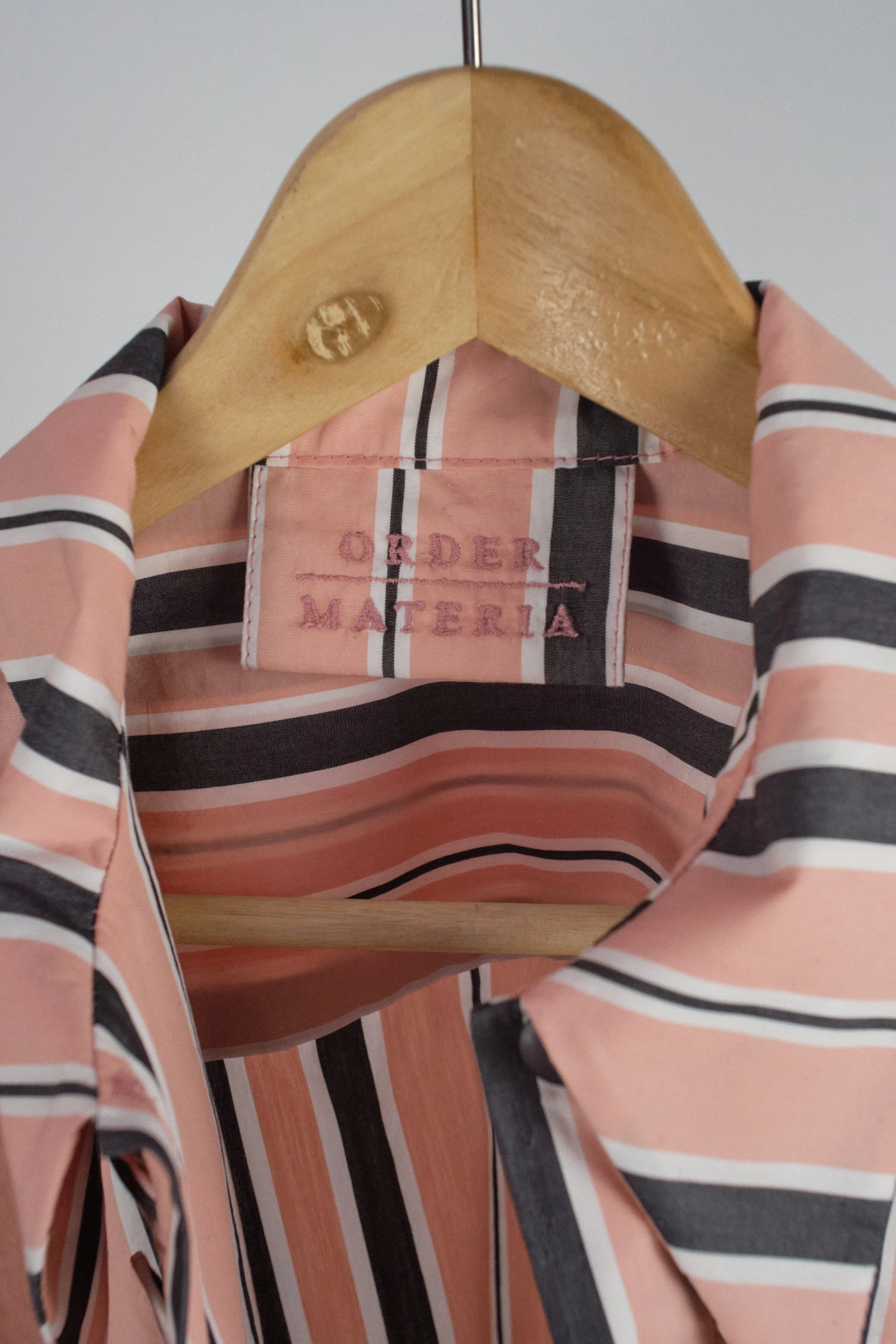 Women's Candy Pink, Charcoal and White Stripe Cotton Cropped Front Frill Shirt close (2).jpg