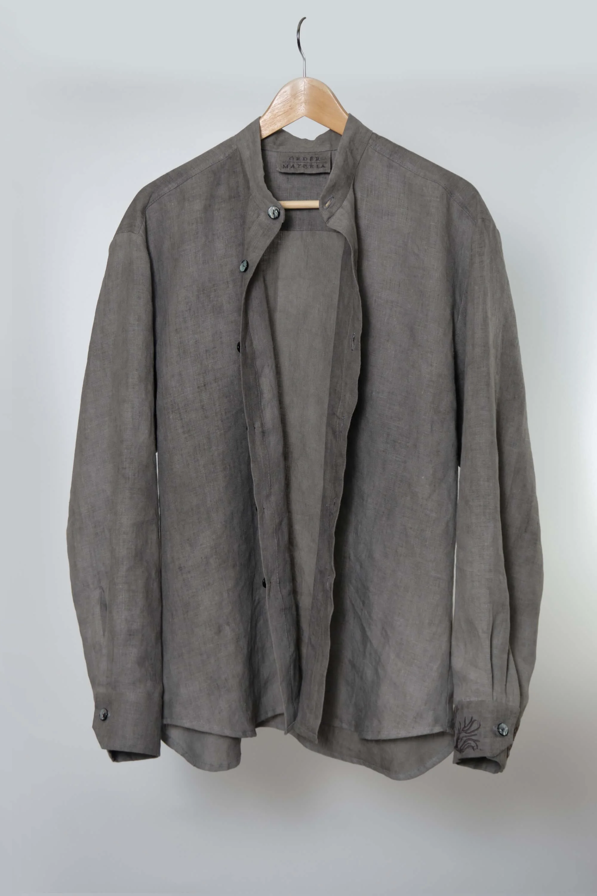 Men's Smoke Grey Linen Mandarin Collar Shirt open.jpg