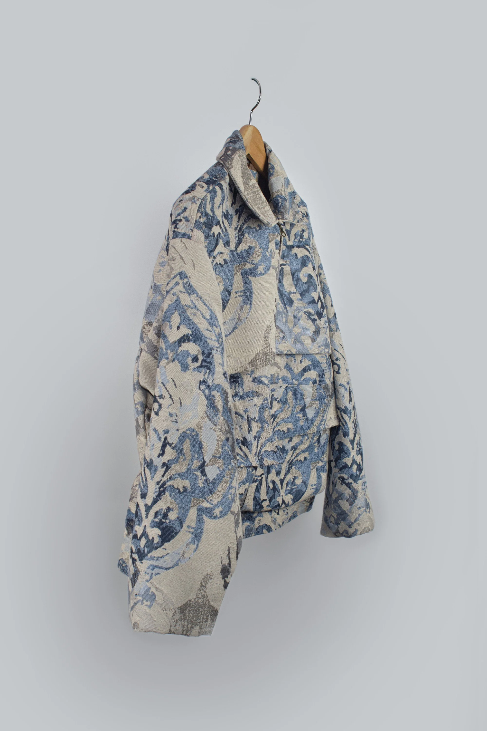 Men’s Casual Box Cut Jacket. Tapestry-Esque Pattern in Sliver Grey and Blues (3).jpg