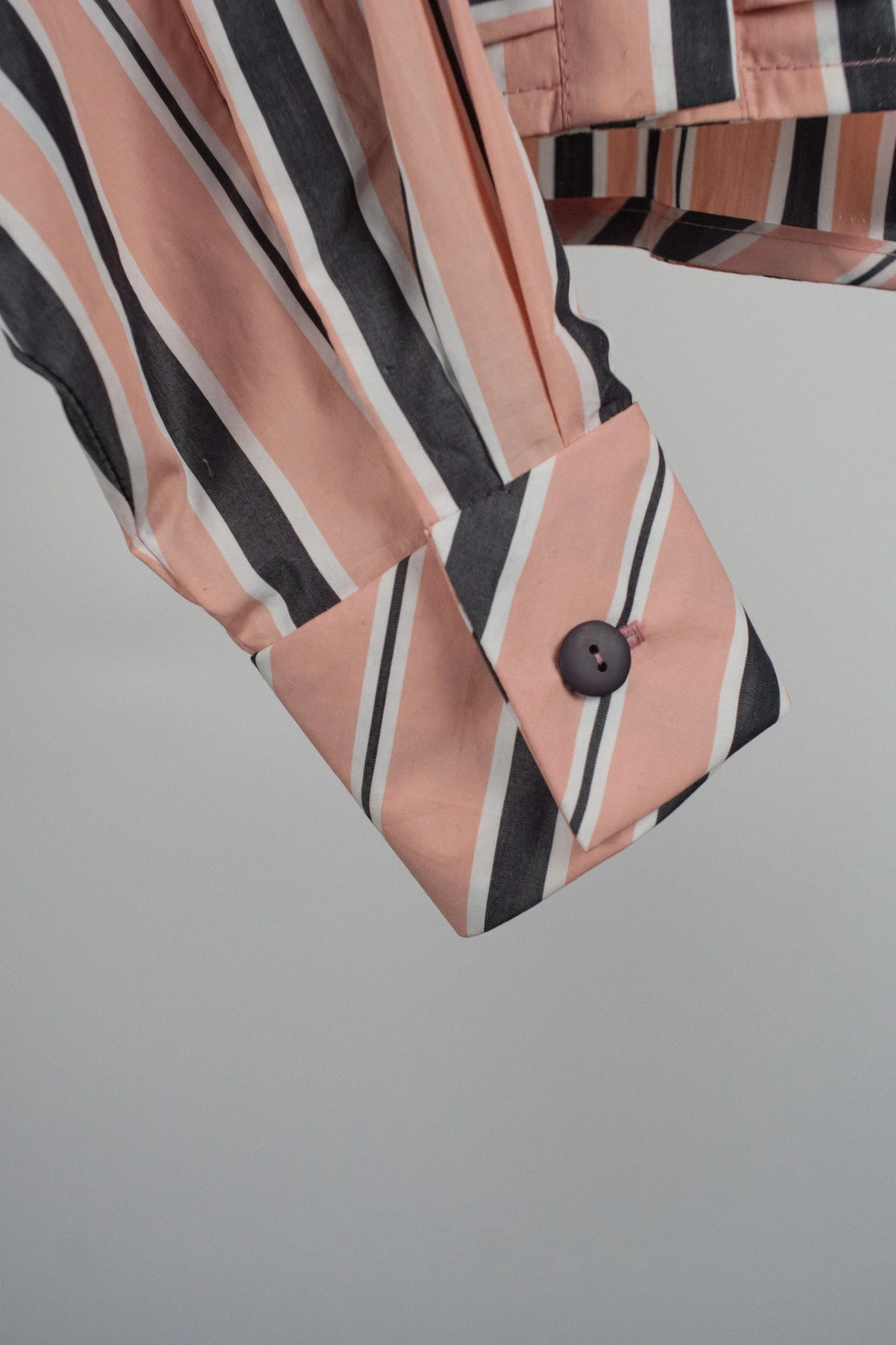 Women's Candy Pink, Charcoal and White Stripe Cotton Cropped Front Frill Shirt close (5).jpg