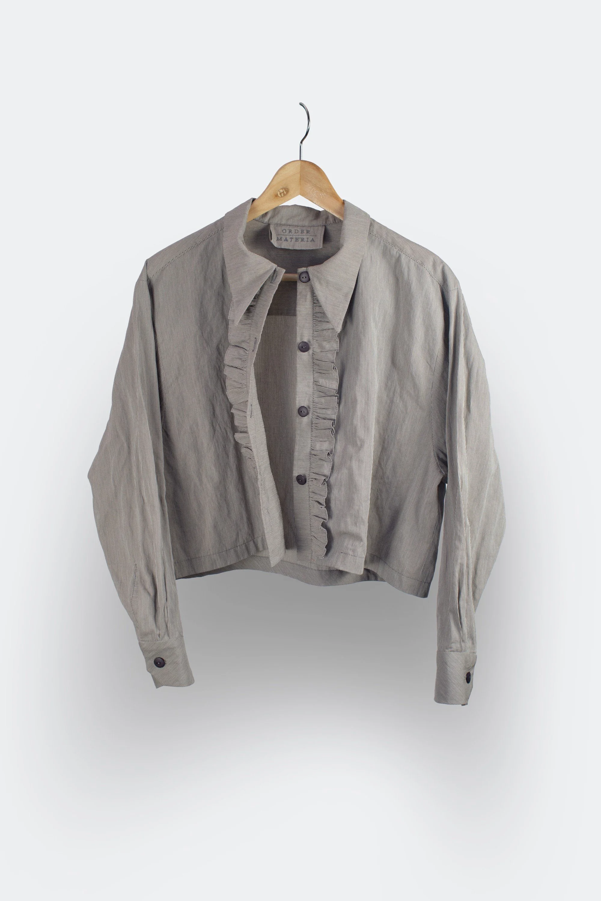 Women's Dark and Light Grey Thin Stripe Cotton Front Frill Shirt (3).jpg