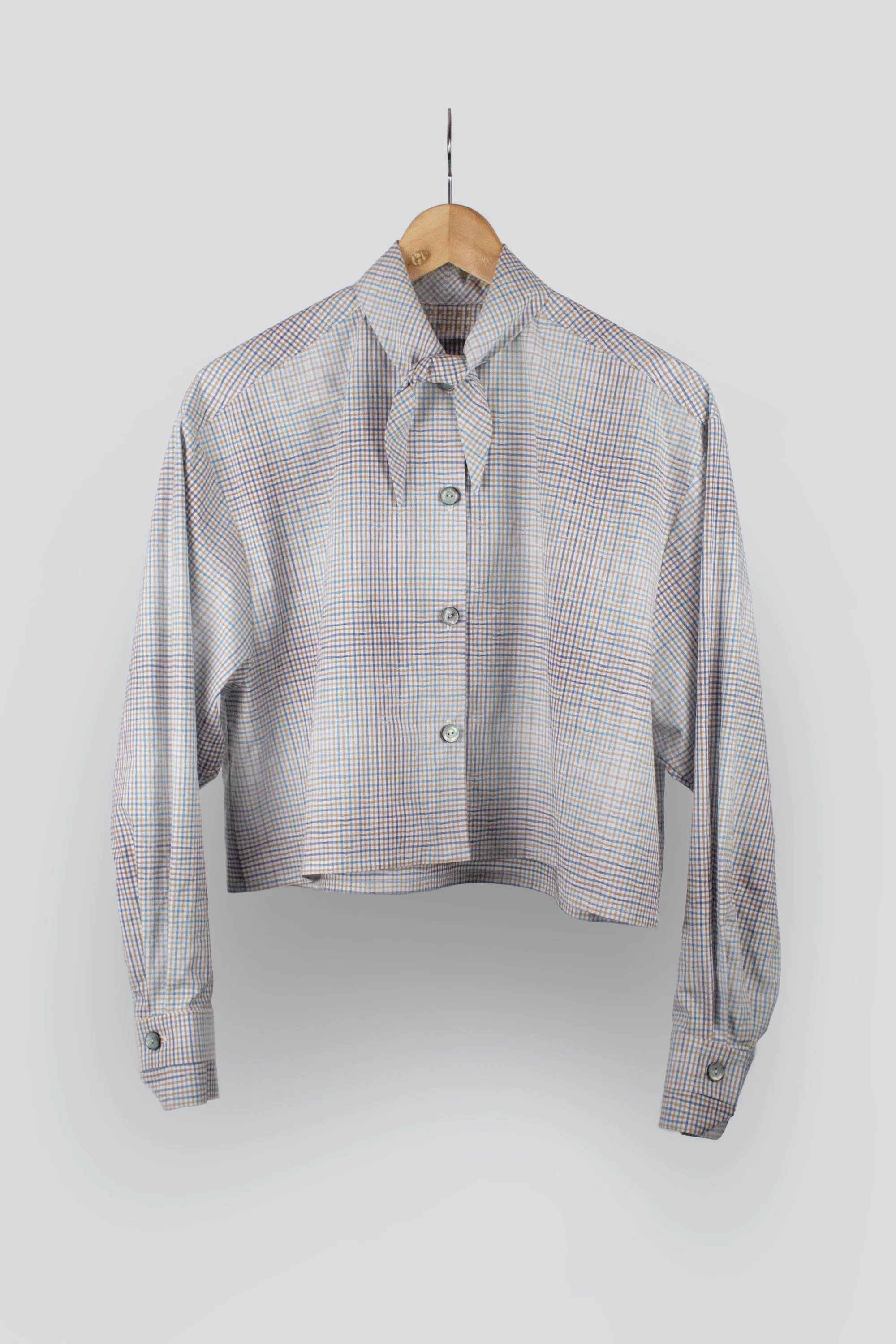 Women's Blues and Ochres Small Check patterned Cotton Cropped Shirt with Short Stock Collar (4).jpg
