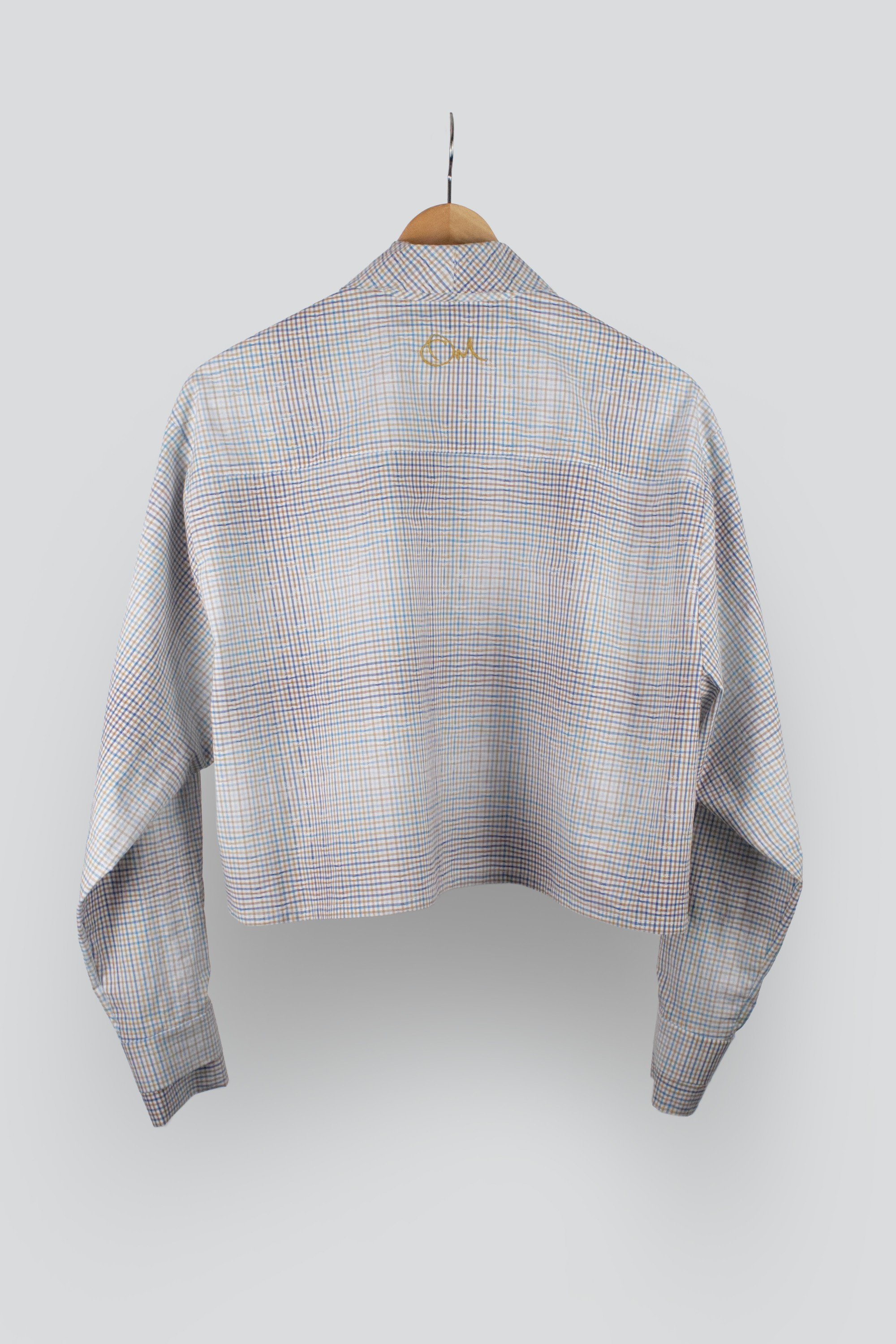 Women's Blues and Ochres Small Check patterned Cotton Cropped Shirt with Short Stock Collar (2).jpg