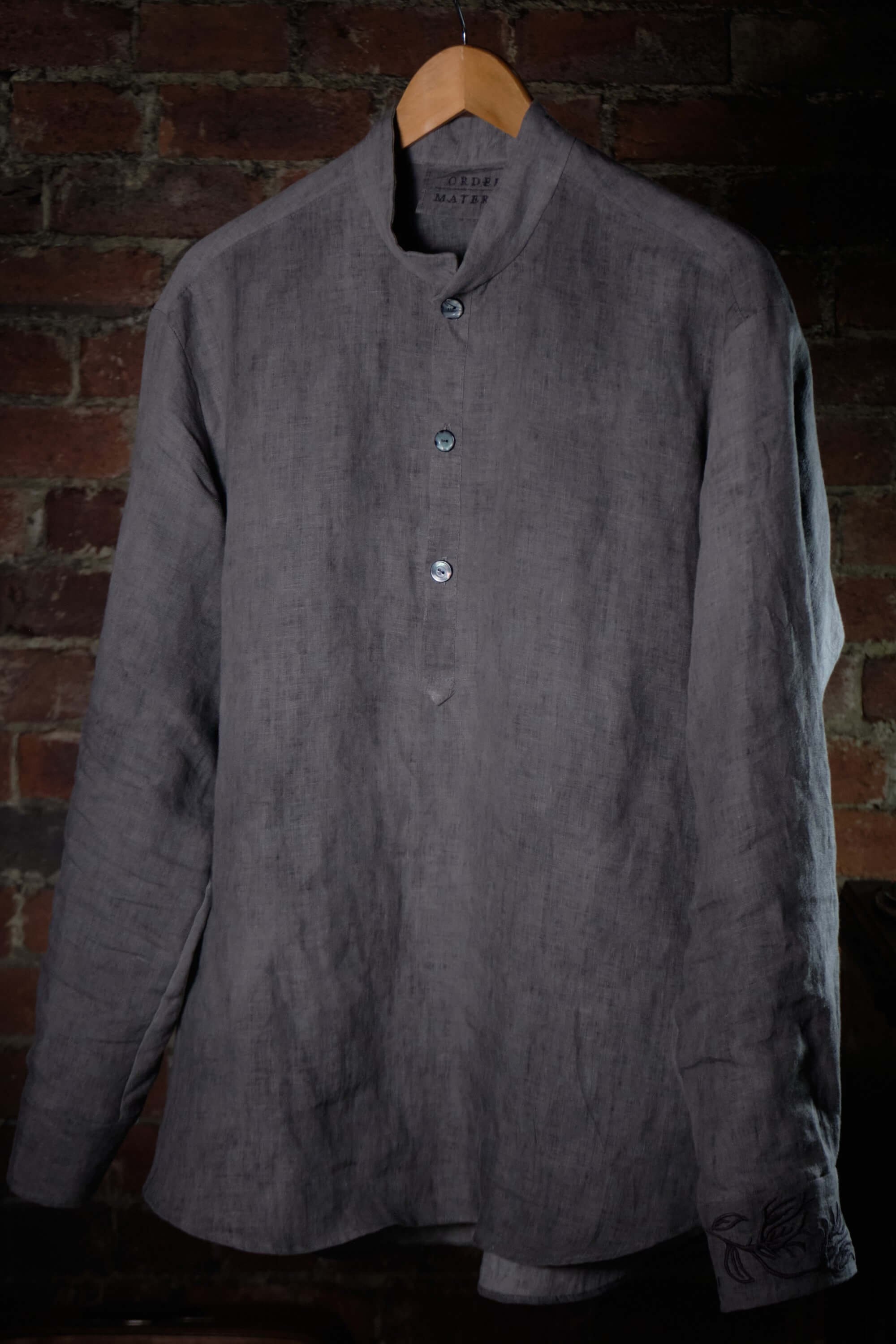 Men's Smoke Grey Linen Mandarin Collar Placket Shirt