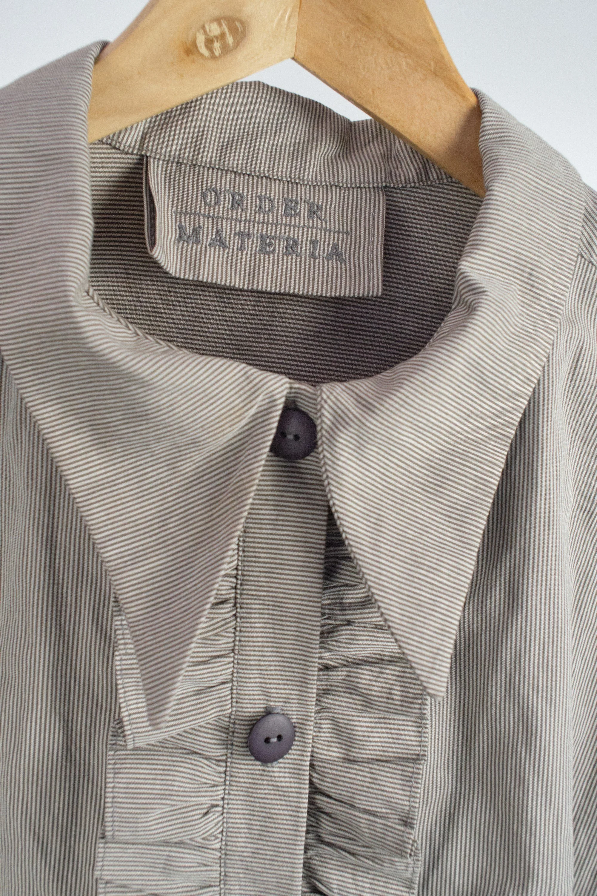 Women's Dark and Light Grey Thin Stripe Cotton Front Frill Shirt close (1).jpg