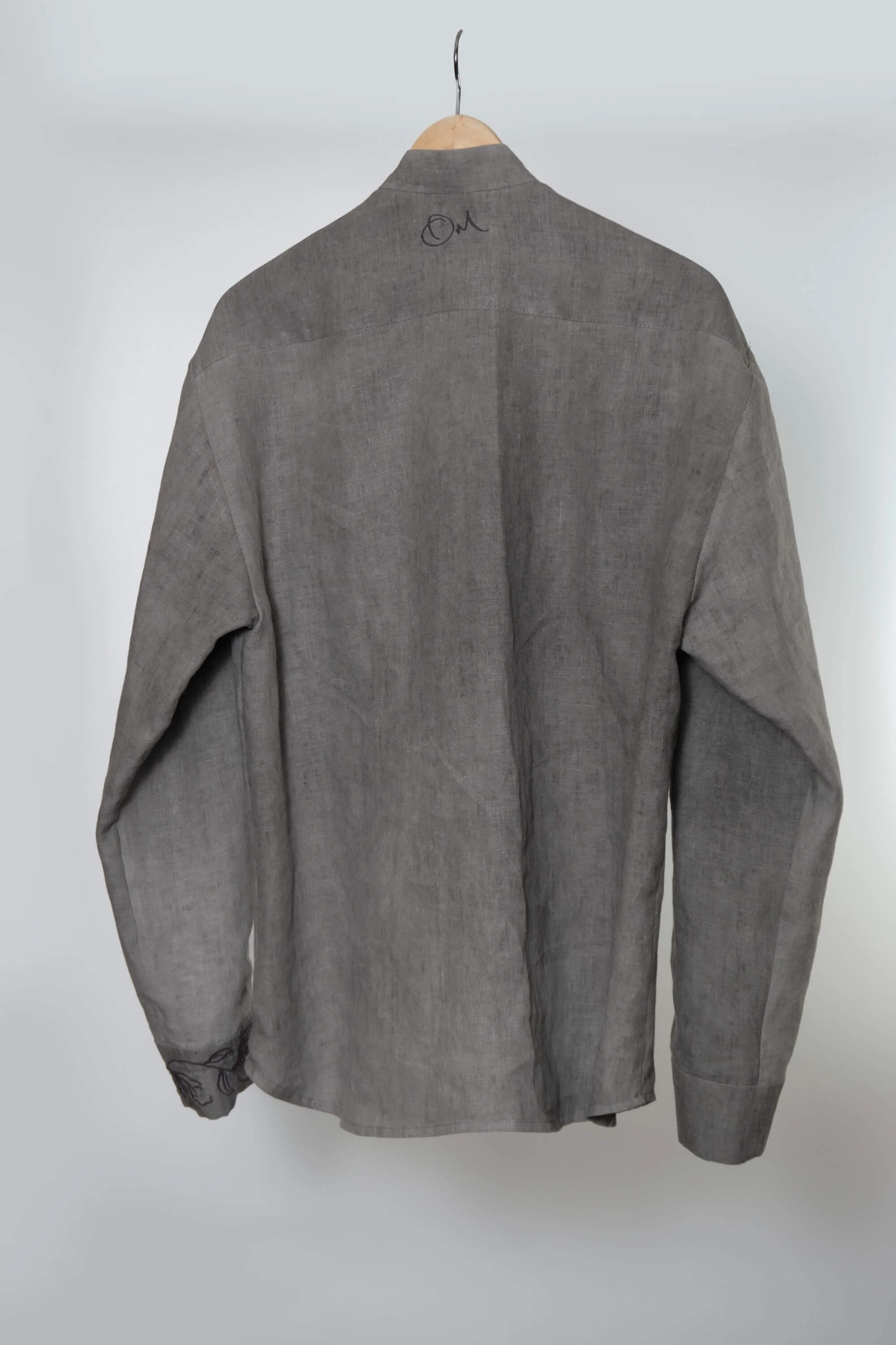 Men's Smoke Grey Linen Mandarin Collar Shirt back.jpg