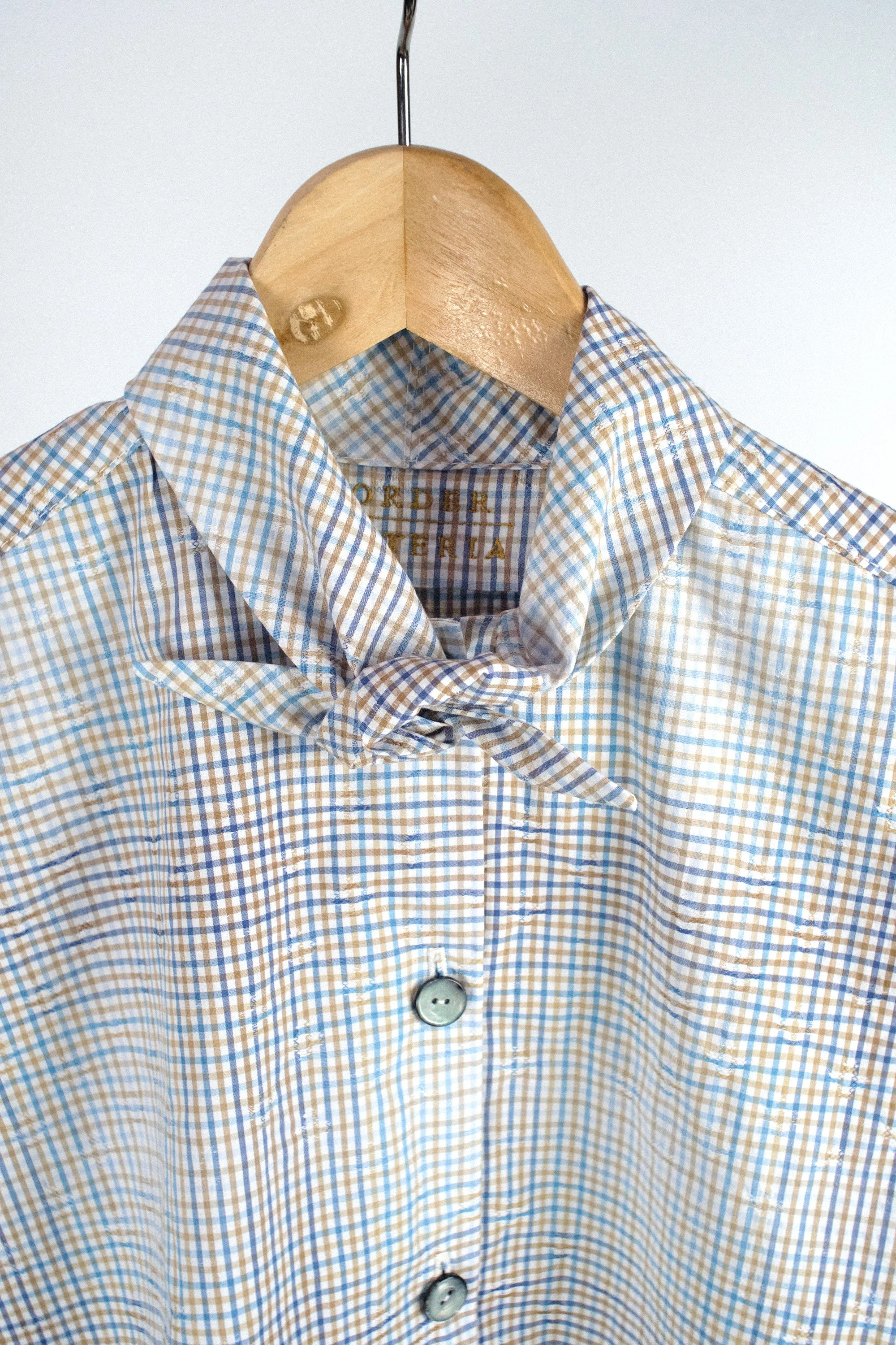 Women's Blues and Ochres Small Check patterned Cotton Cropped Shirt with Short Stock Collar close (2).jpg