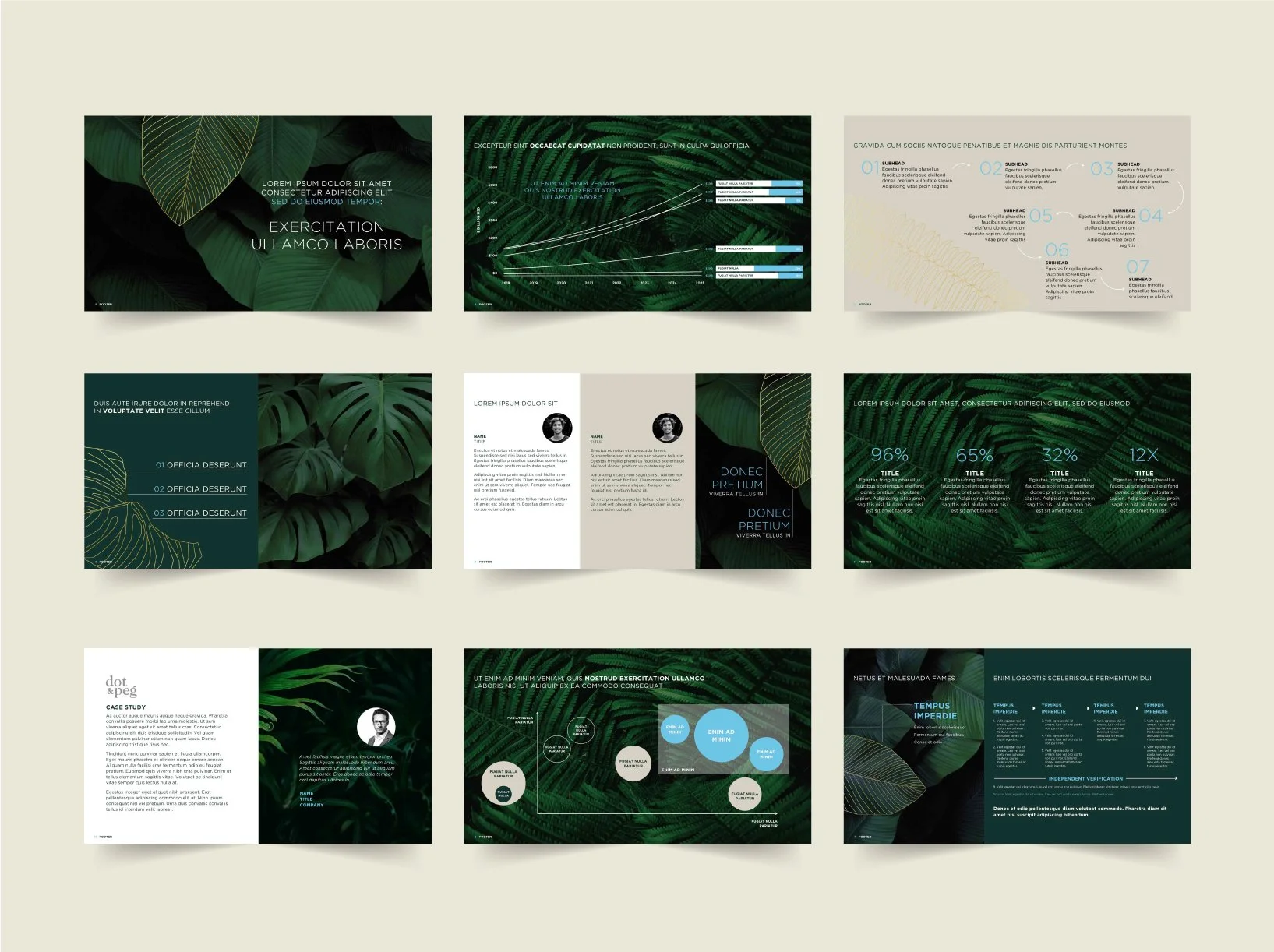 Keynote presentation showing 9 slides with dark green vegetation imagery