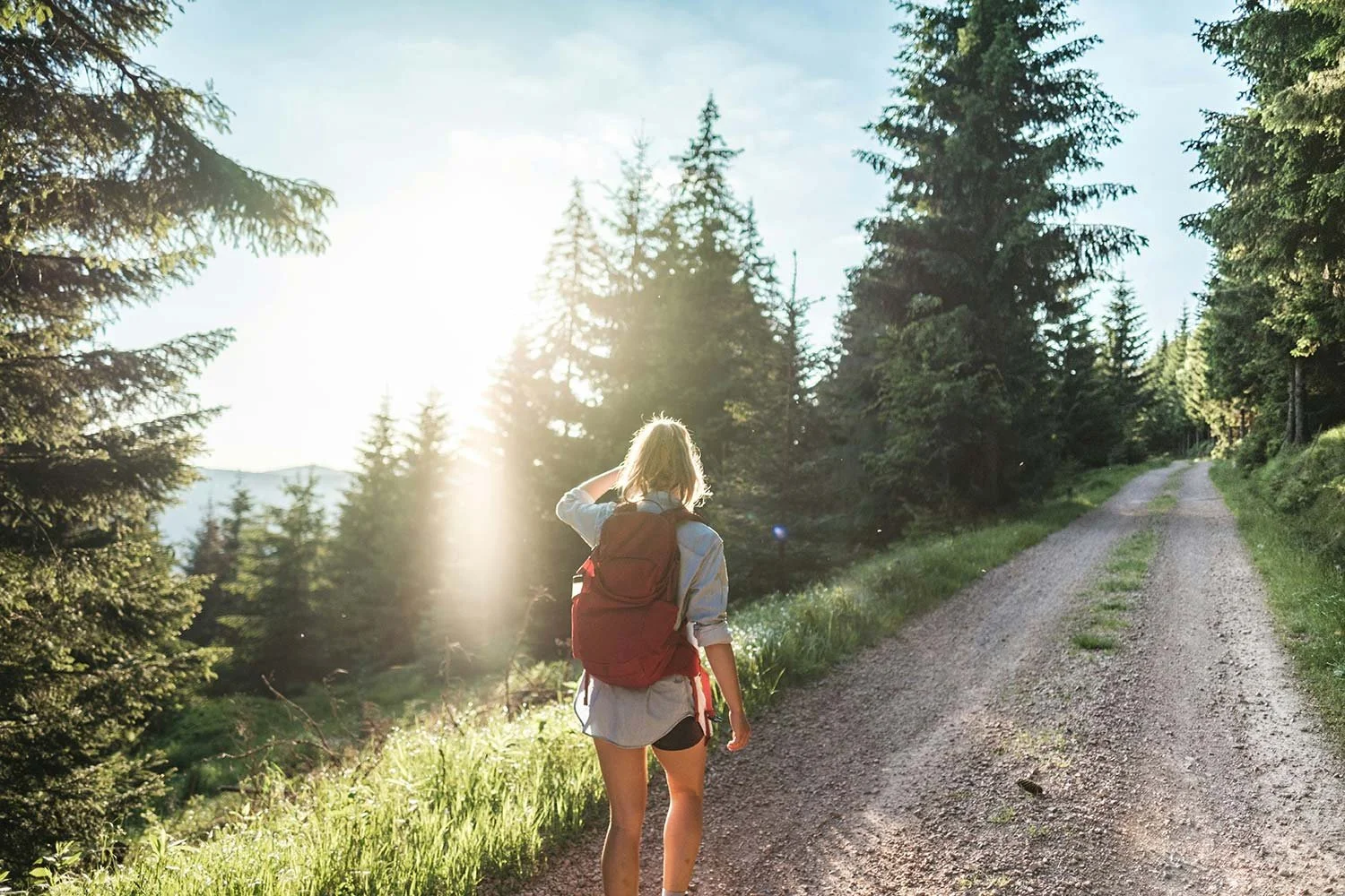 back of woman wearing shorts, shirt and red rucksack, walking along a trail through the woods with the sunlight shining through trees