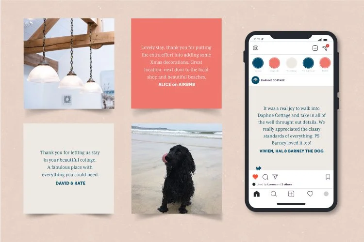 Four instagram posts with interior lights, a dog and some text and a mock up in the phone