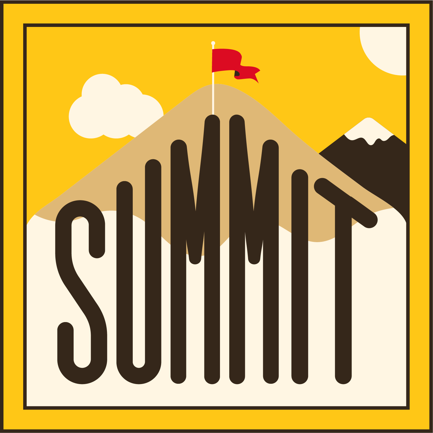 Summit text with a graphic mountain behind and a red flag on top of the mountain