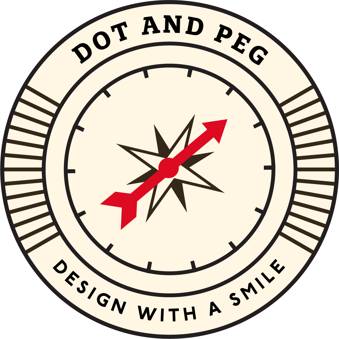 Dot & Peg compass with tagline Design with a smile