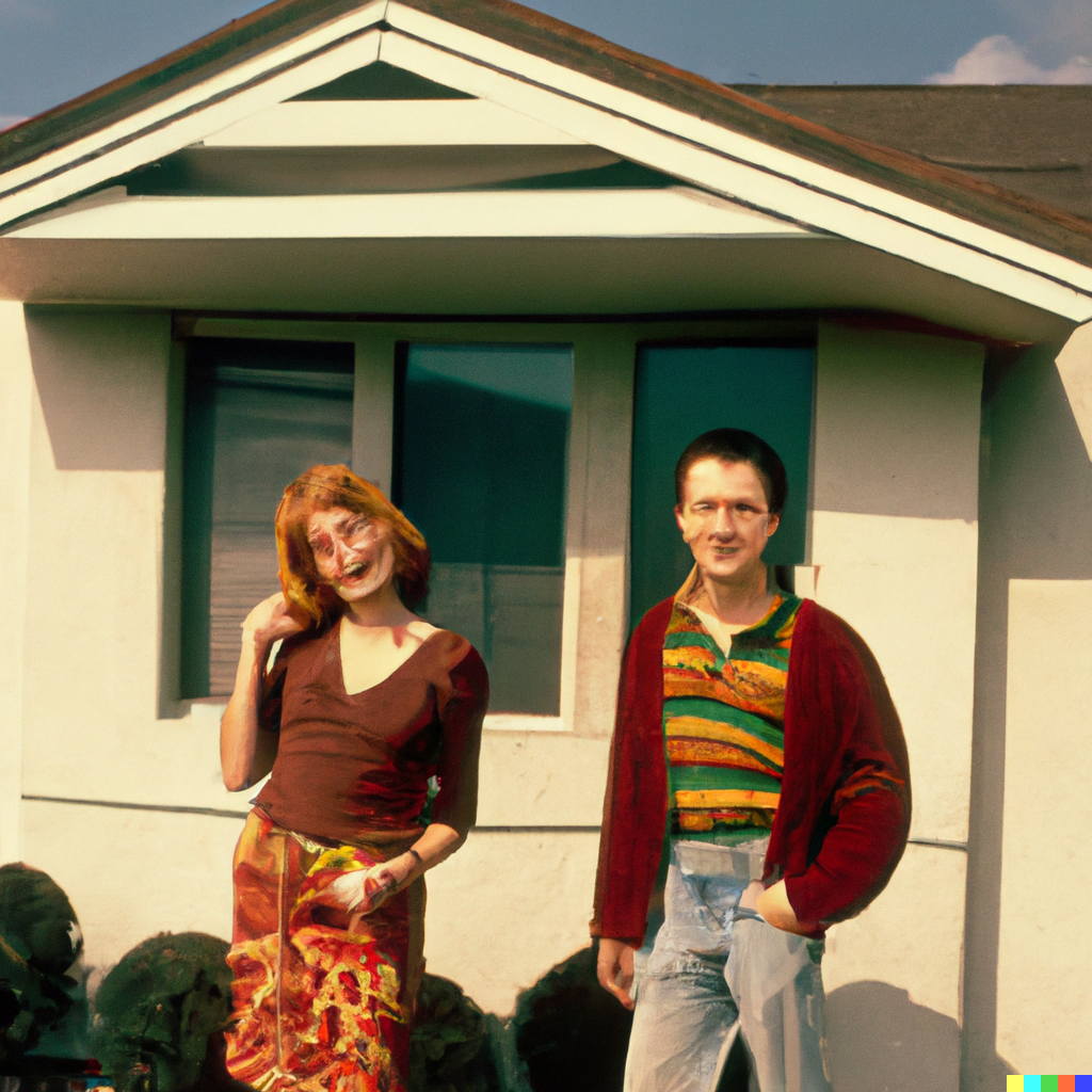 a young couple in front of their starter home 1970s william eggleston , Alex Eve x DALL-E, 2022