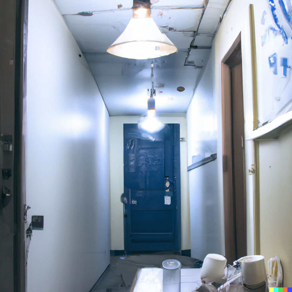  dingy basement apartment entrance corridor, cracked white tile flooring, blue paint halfway up the wall, exposed lightbulb hanging from the ceiling, simpl [sic] , Johanna Li x DALL-E, 2022 