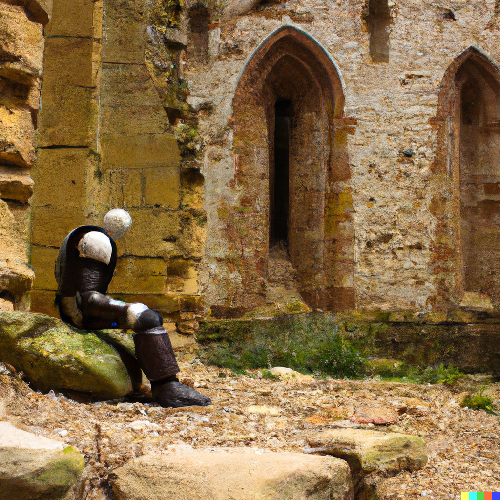   a sad android in the ruins of the Oybin monastery , Jacob McAuliffe x DALL-E, 2022 