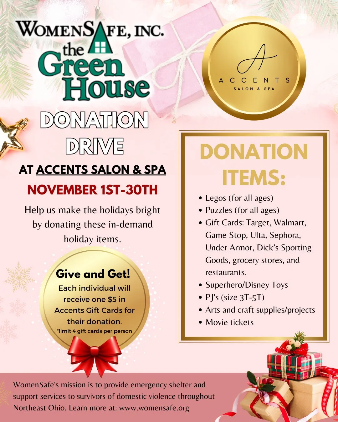 This holiday season, we're partnering with WomenSafe @wsgreenhouse to bring joy to families in our community. 💜⁠
From November 1-30, 2025, bring a donation to Accents and receive a $5 gift card as our thank you! (Limit 4 gift cards per person.)⁠
⁠
M